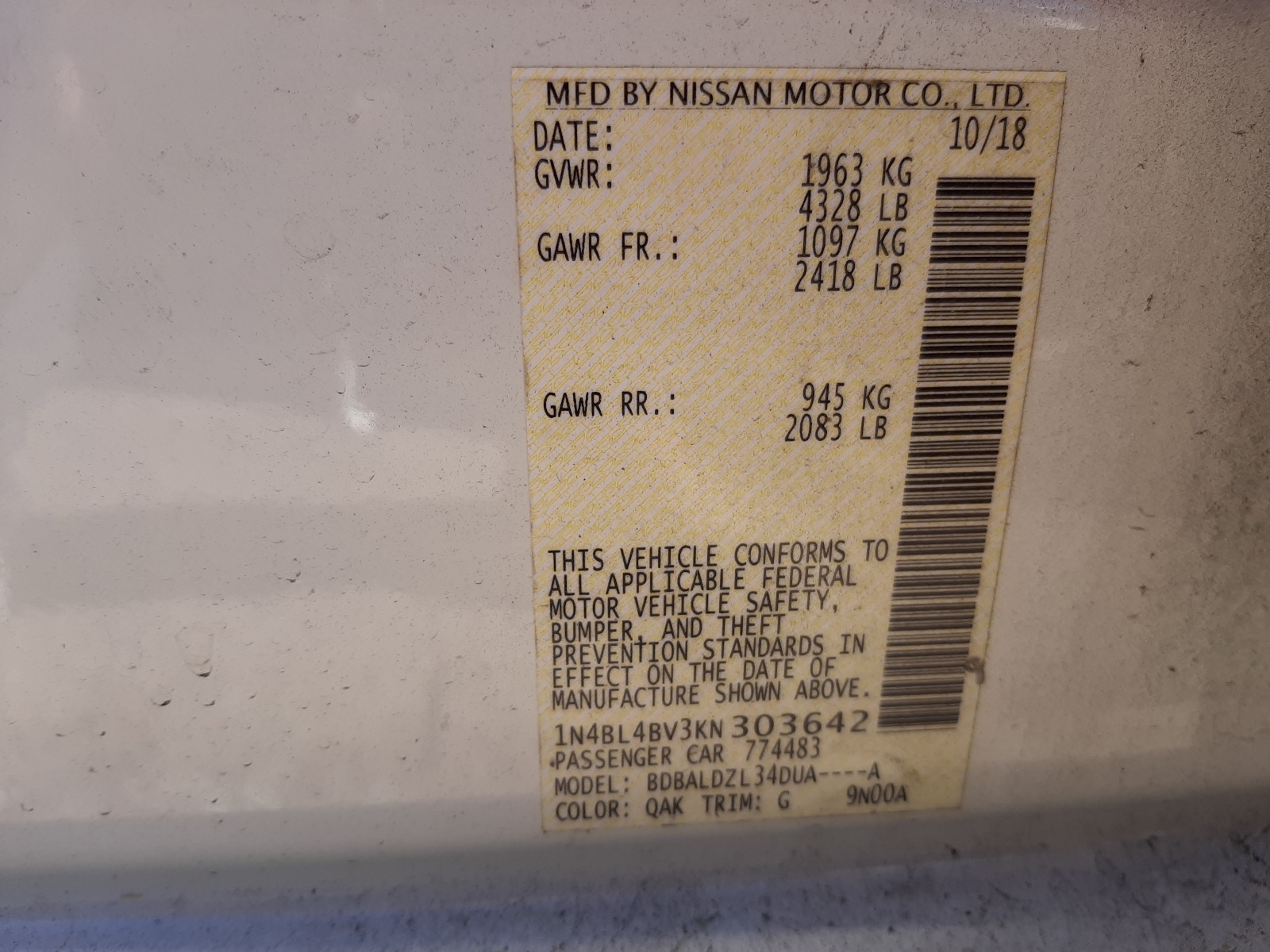 Photo 10 from auction – 2019 NISSAN ALTIMA S with VIN 1N4BL4BV3KN303642