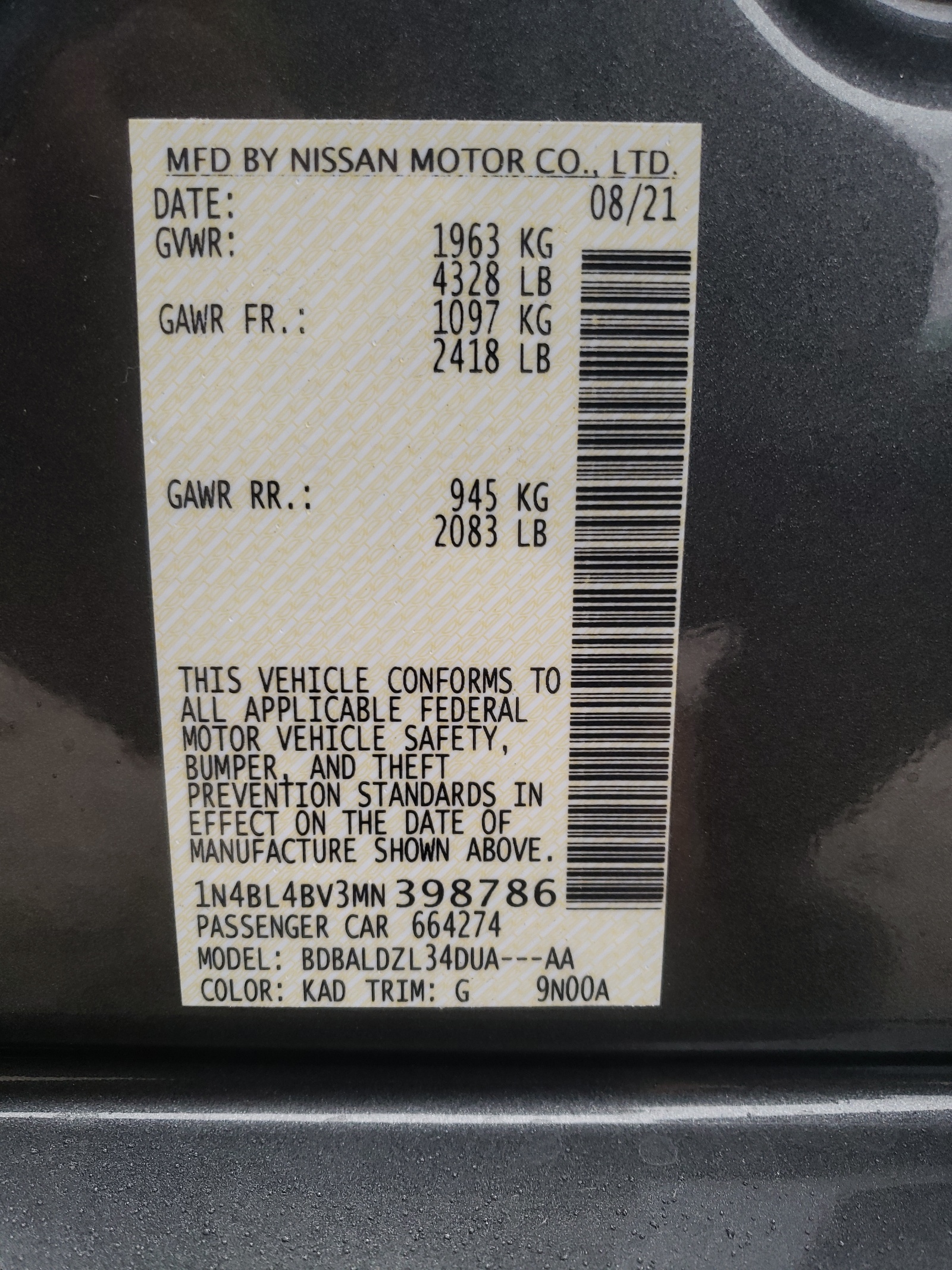Photo 10 from auction – 2021 NISSAN ALTIMA S with VIN 1N4BL4BV3MN398786