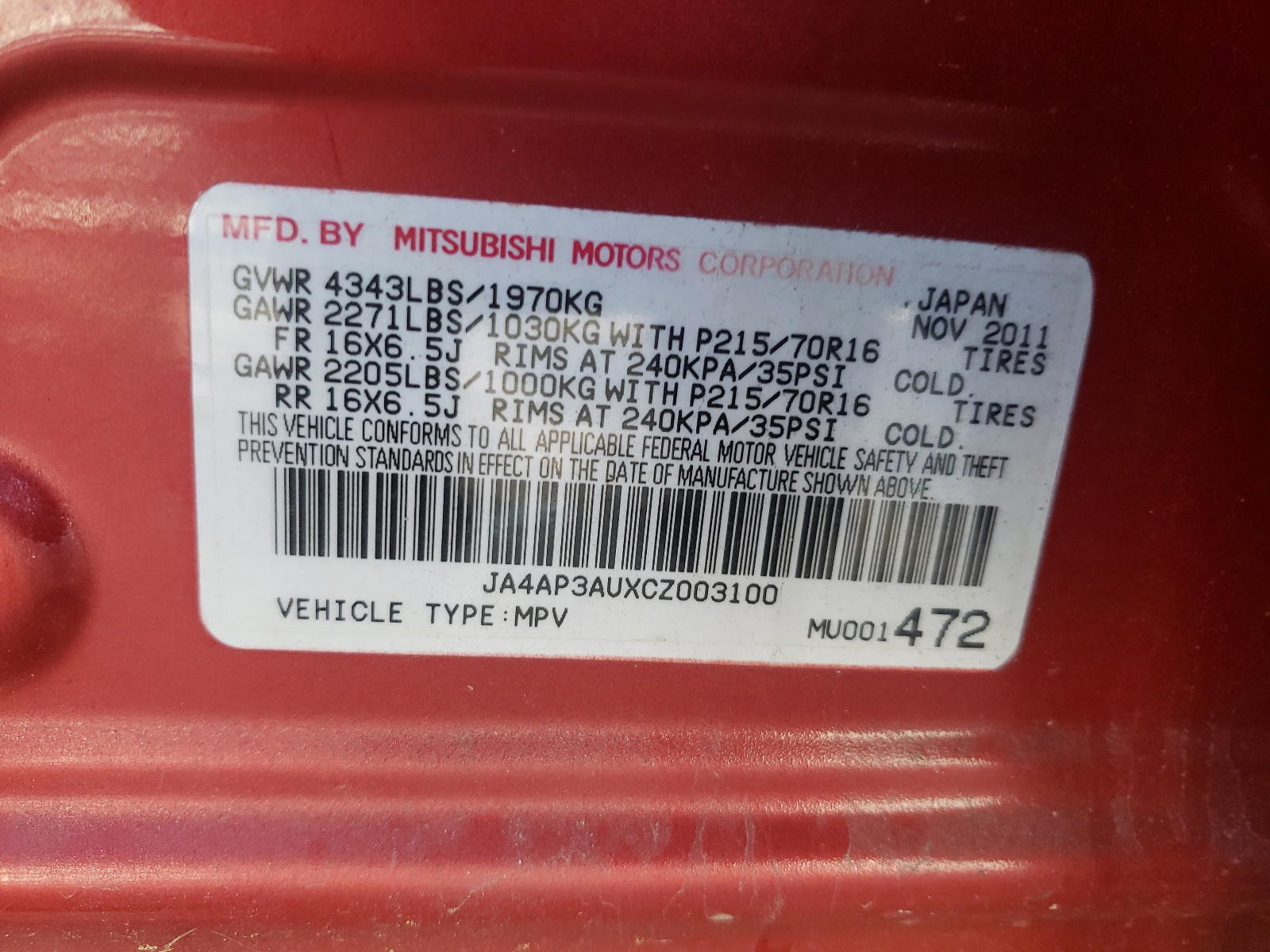 Photo 10 from auction – 2012 MITSUBISHI OUTLANDER with VIN JA4AP3AUXCZ003100