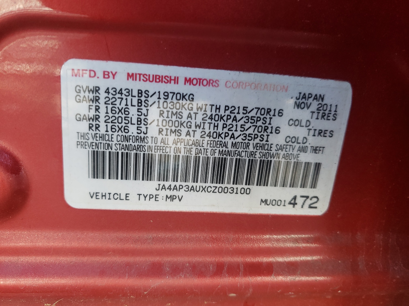 Zdjęcie 10 z aukcji – 2012 MITSUBISHI OUTLANDER z VIN JA4AP3AUXCZ003100