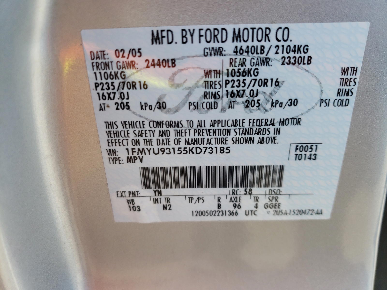 Photo 10 from auction – 2005 FORD ESCAPE with VIN 1FMYU93155KD73185