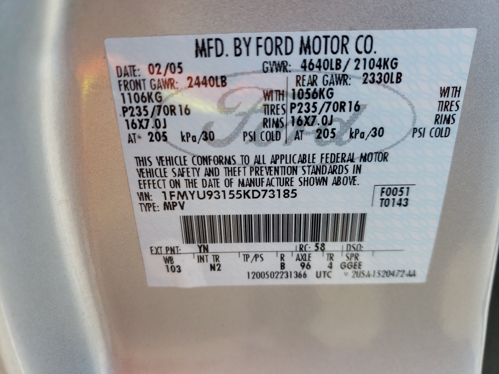 صورة رقم 10 من المزاد - 2005 FORD ESCAPE مع VIN 1FMYU93155KD73185