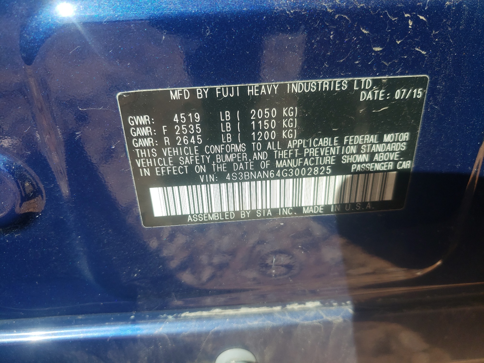 Photo 10 from auction – 2016 SUBARU LEGACY 2.5 with VIN 4S3BNAN64G3002825