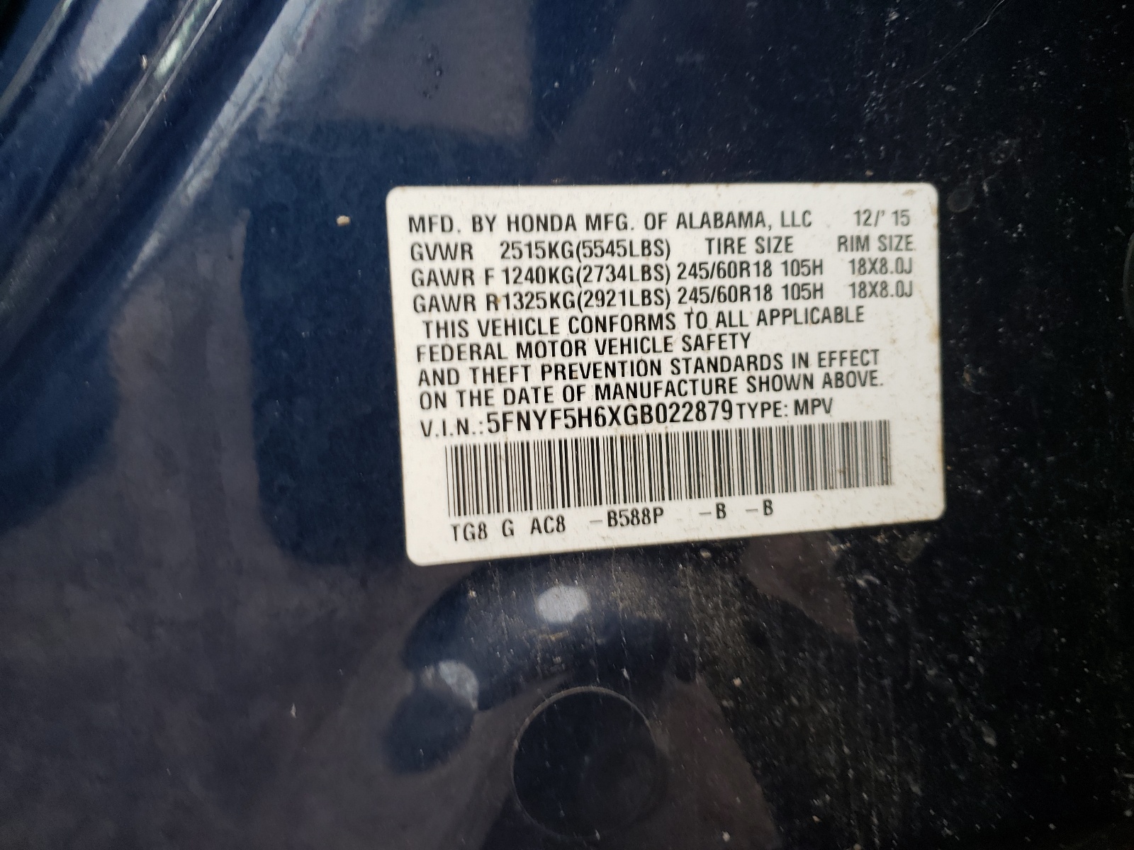Photo 10 from auction – 2016 HONDA PILOT EXL with VIN 5FNYF5H6XGB022879