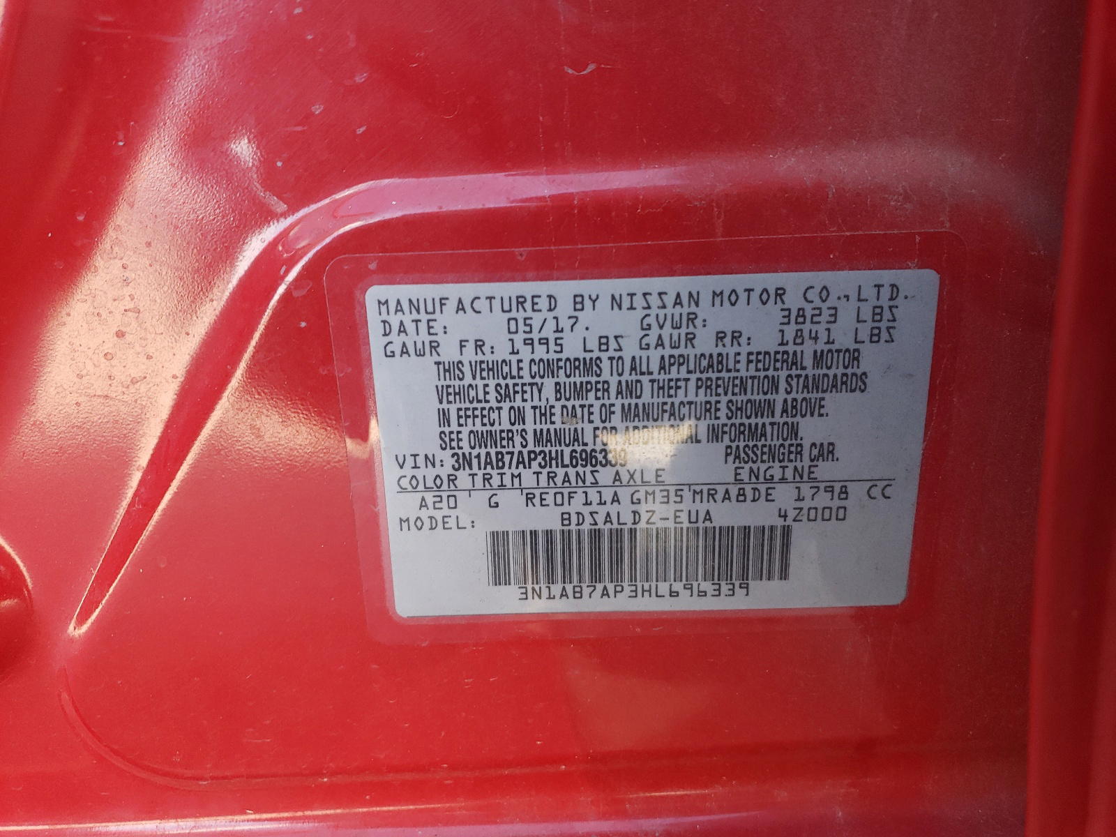 Photo 10 from auction – 2017 NISSAN SENTRA S with VIN 3N1AB7AP3HL696339