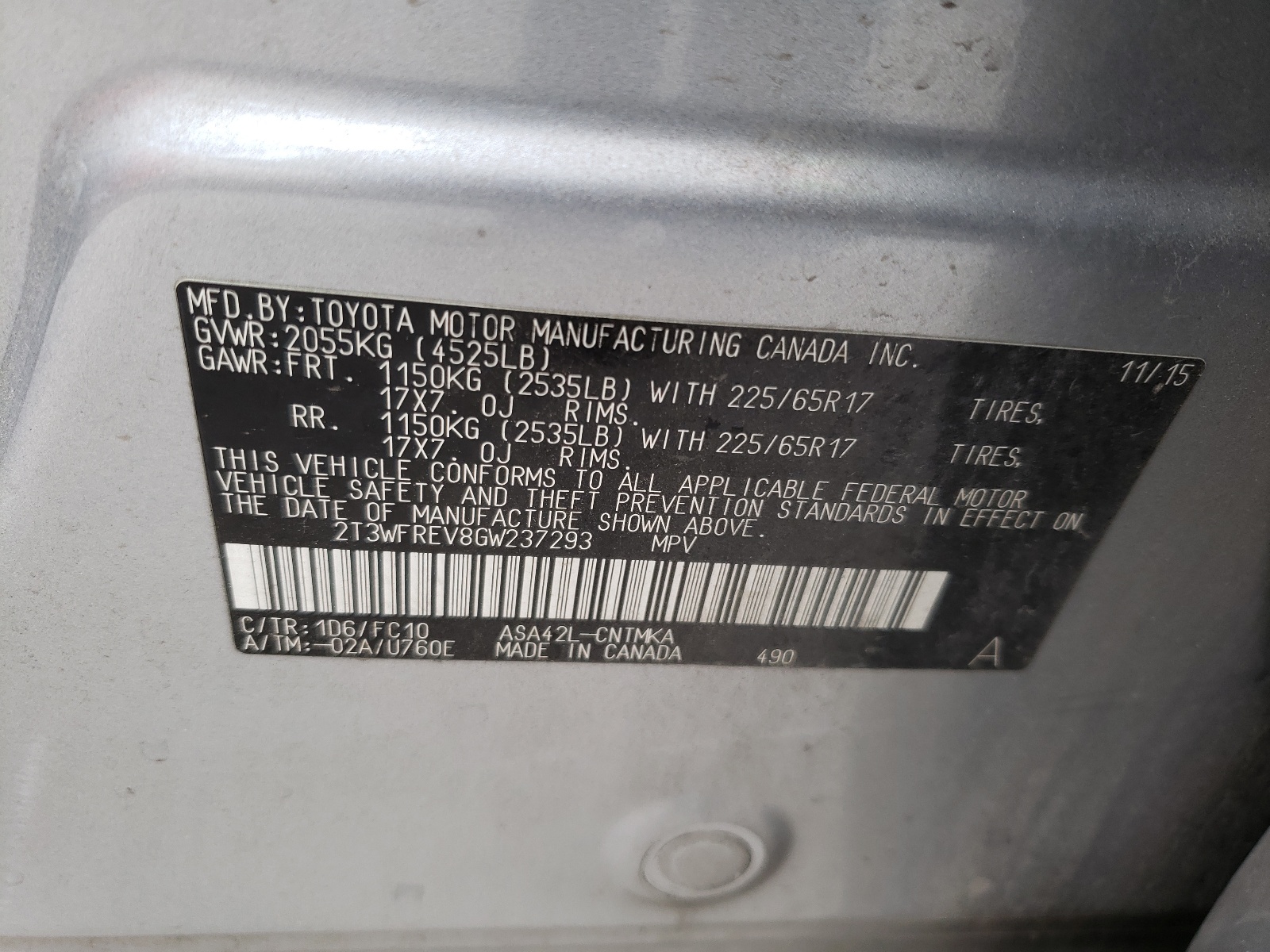Photo 10 from auction – 2016 TOYOTA RAV4 XLE with VIN 2T3WFREV8GW237293