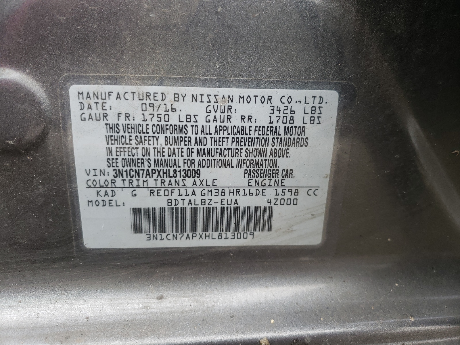Photo 10 from auction – 2017 NISSAN VERSA with VIN 3N1CN7APXHL813009