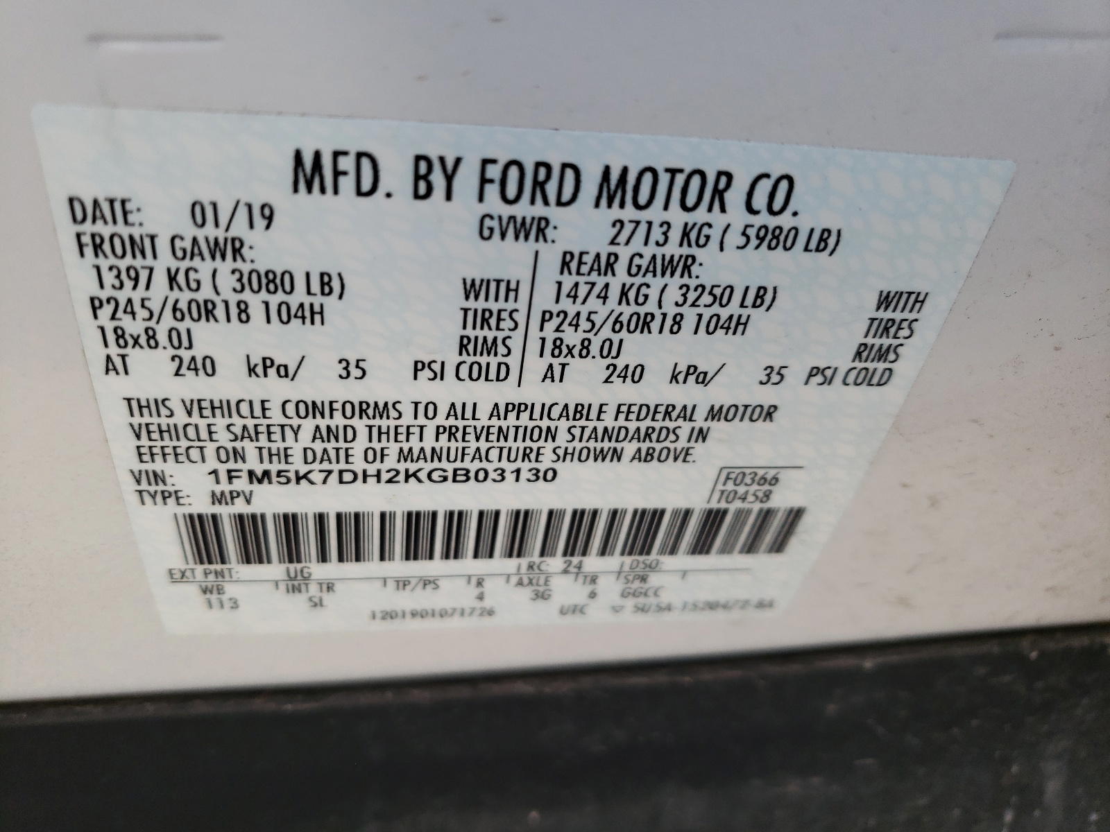 Photo 10 from auction – 2019 FORD EXPLORER X with VIN 1FM5K7DH2KGB03130
