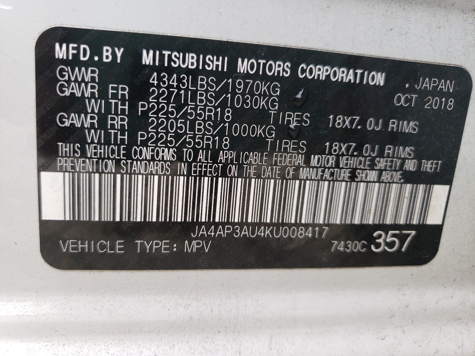 Photo 10 from auction – 2019 MITSUBISHI OUTLANDER with VIN JA4AP3AU4KU008417