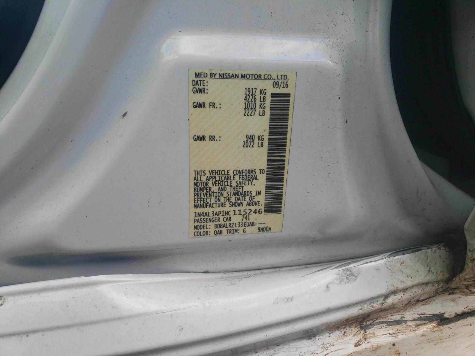 Photo 10 from auction – 2017 NISSAN ALTIMA 2.5 with VIN 1N4AL3AP1HC115246