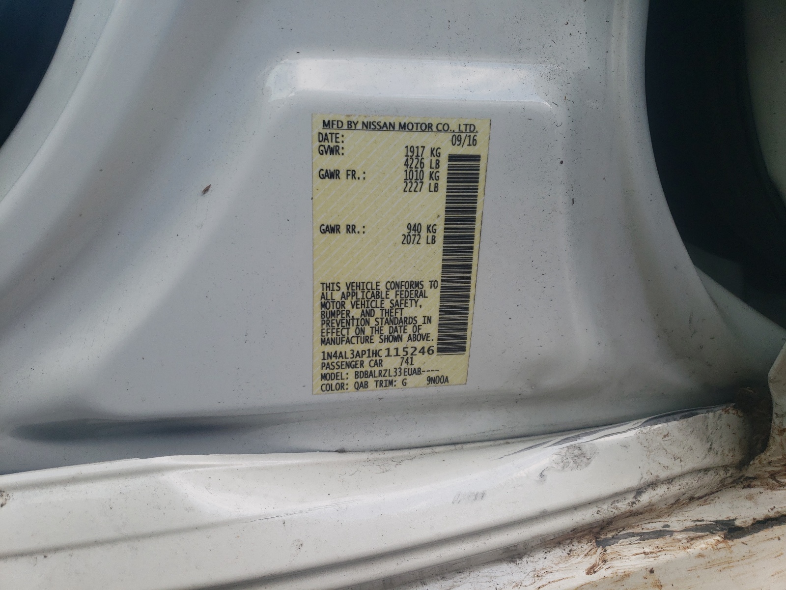 Zdjęcie 10 z aukcji – 2017 NISSAN ALTIMA 2.5 z VIN 1N4AL3AP1HC115246
