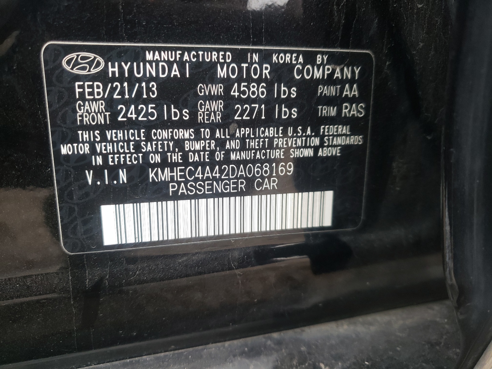 Photo 10 from auction – 2013 HYUNDAI SONATA HYB with VIN KMHEC4A42DA068169