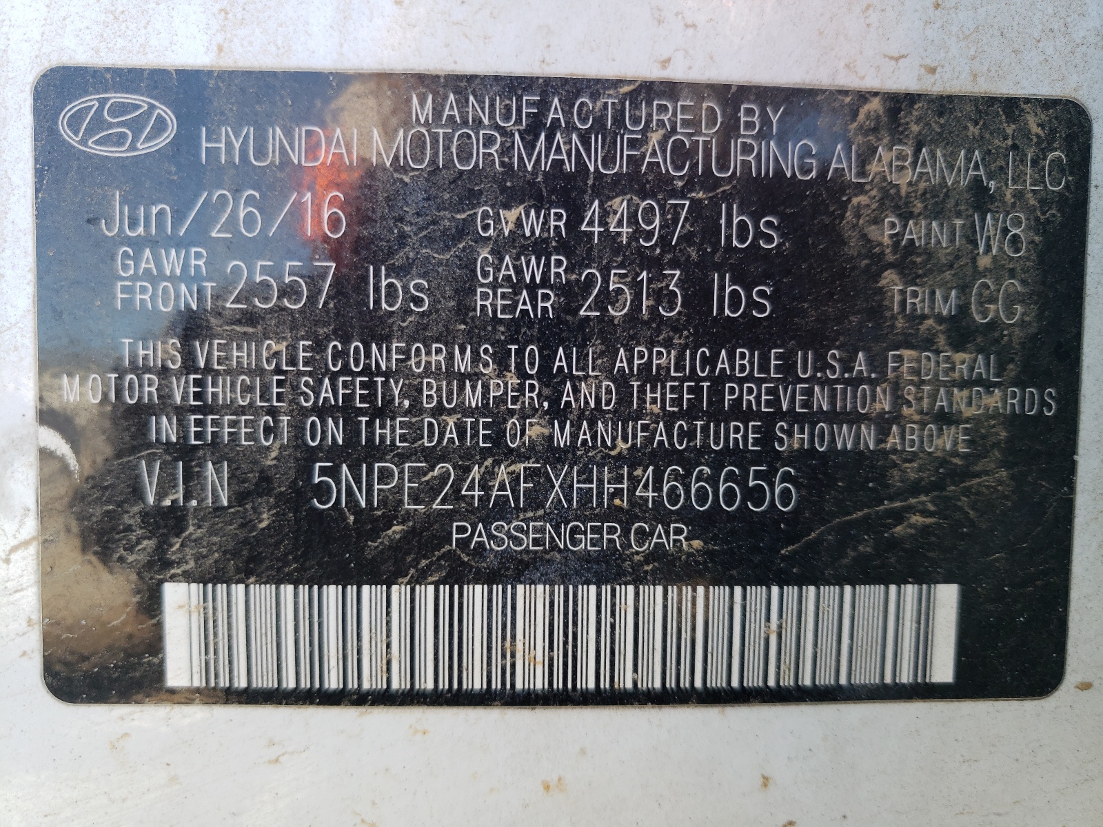 Photo 10 from auction – 2017 HYUNDAI SONATA SE with VIN 5NPE24AFXHH466656