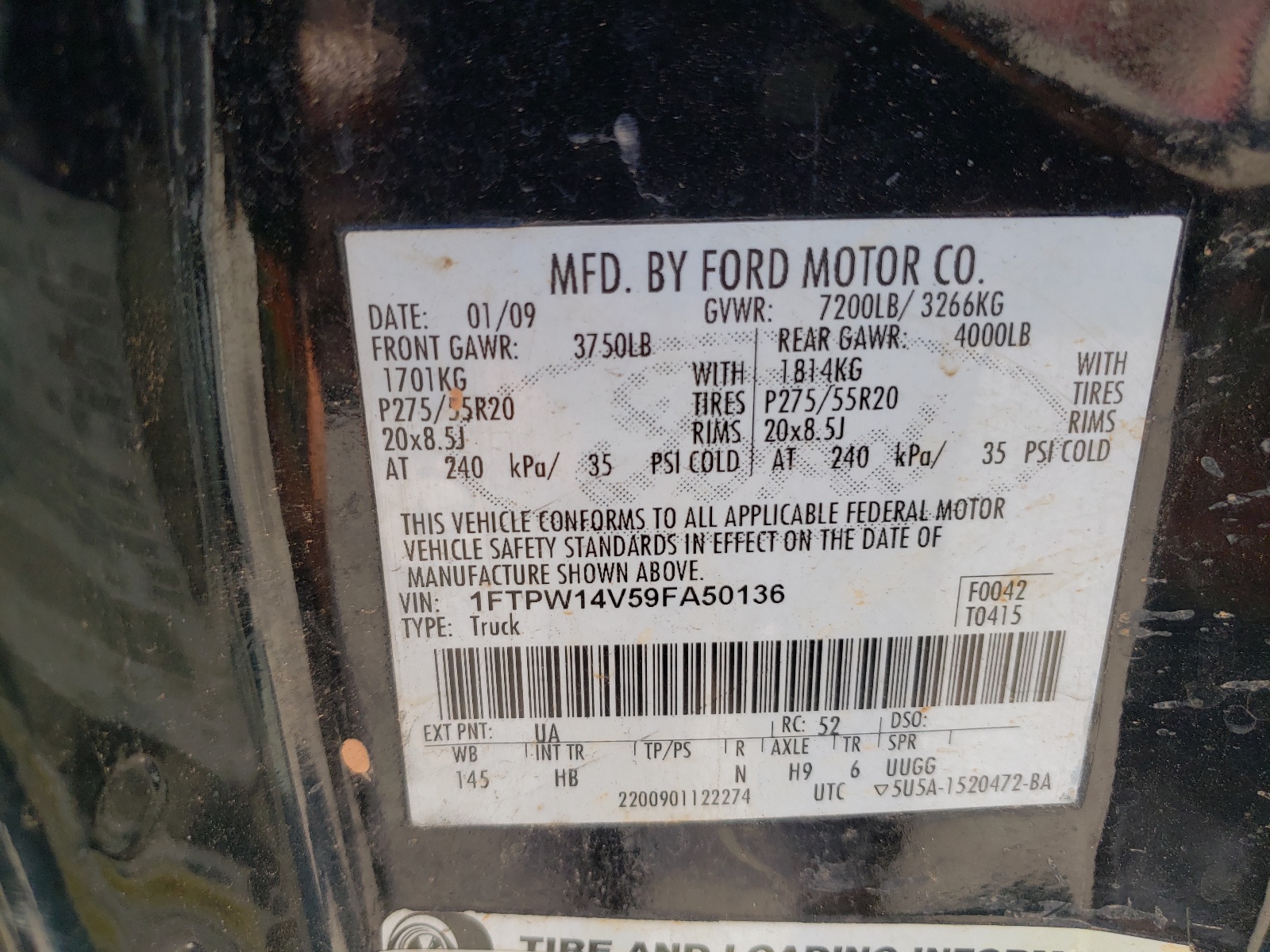 Photo 10 from auction – 2009 FORD F150 SUPER with VIN 1FTPW14V59FA50136