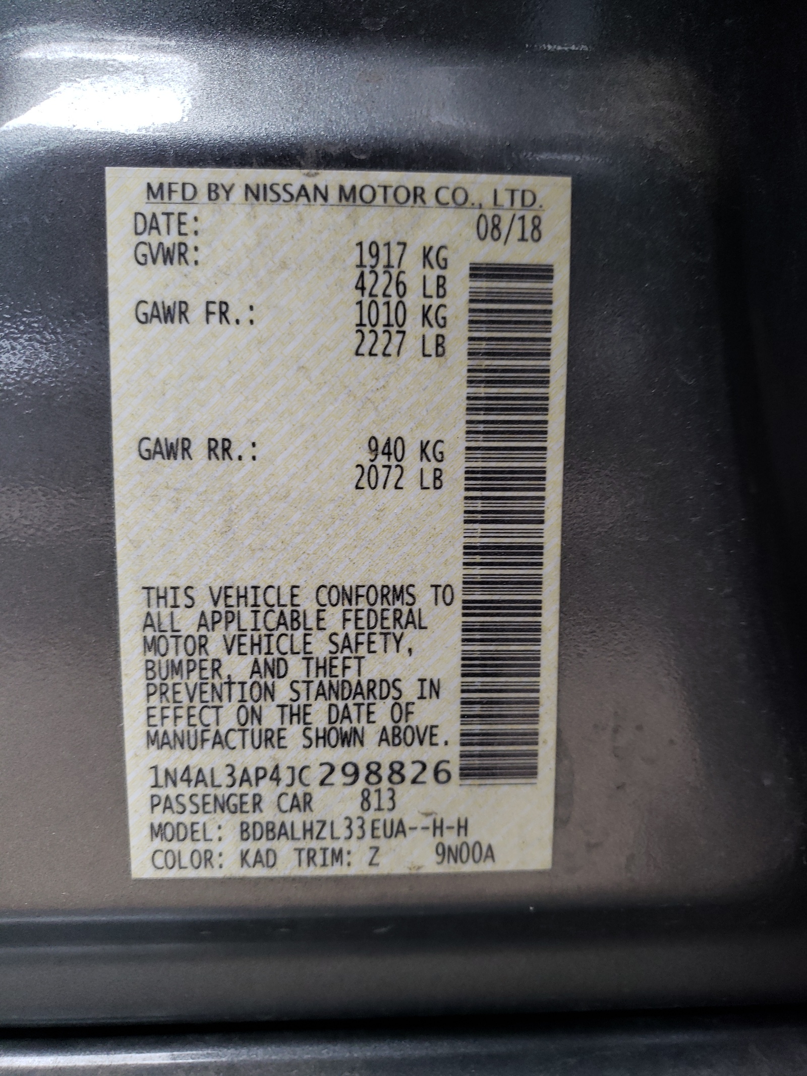 Photo 10 from auction – 2018 NISSAN ALTIMA 2.5 with VIN 1N4AL3AP4JC298826
