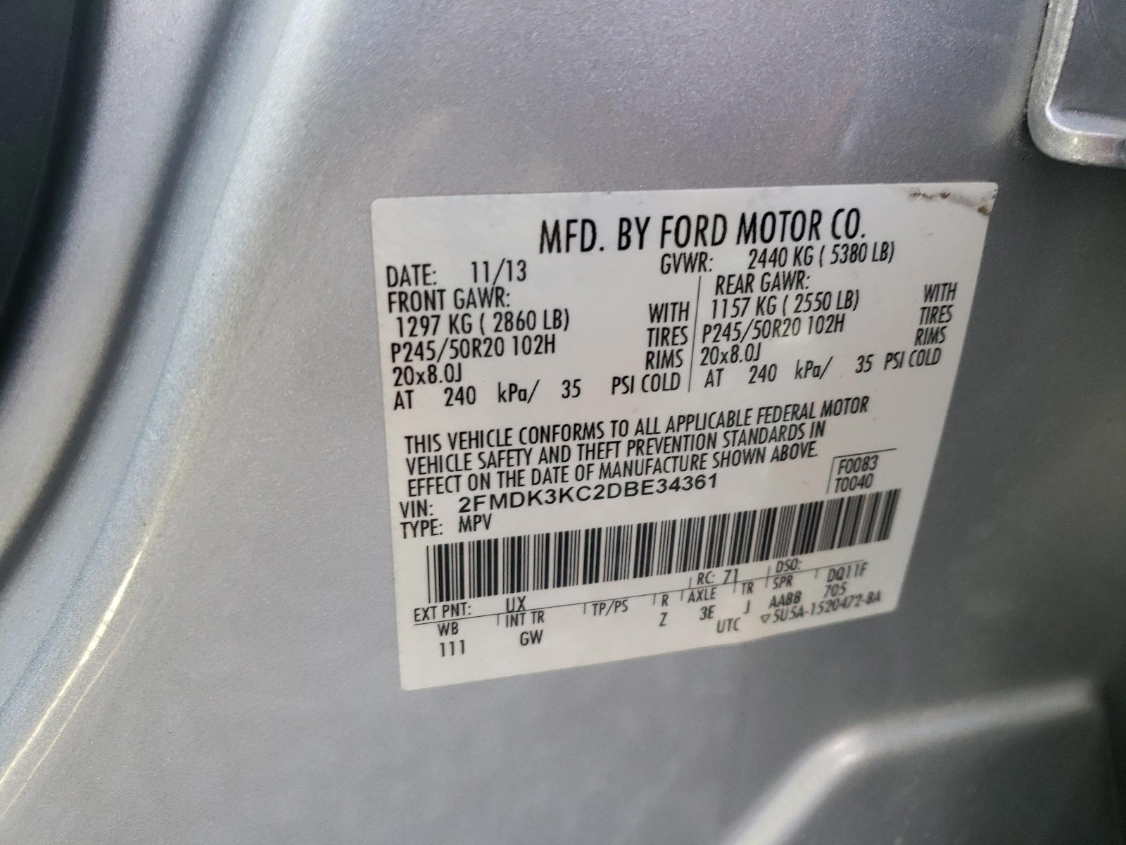 Photo 10 from auction – 2013 FORD EDGE LIMIT with VIN 2FMDK3KC2DBE34361