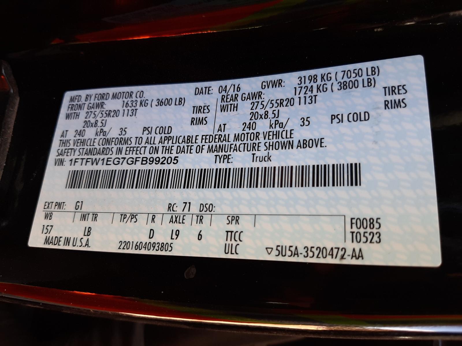 Photo 10 from auction – 2016 FORD F150 SUPER with VIN 1FTFW1EG7GFB99205