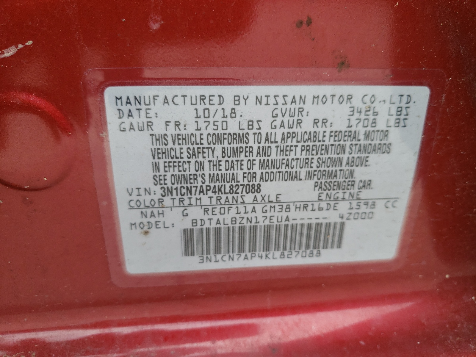 Photo 10 from auction – 2019 NISSAN VERSA S with VIN 3N1CN7AP4KL827088