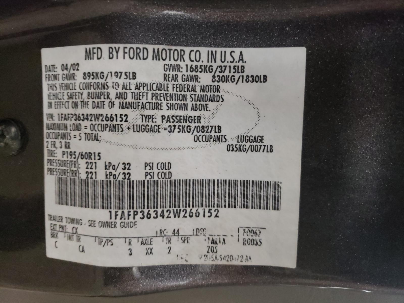 Photo 10 from auction – 2002 FORD FOCUS SE with VIN 1FAFP36342W266152
