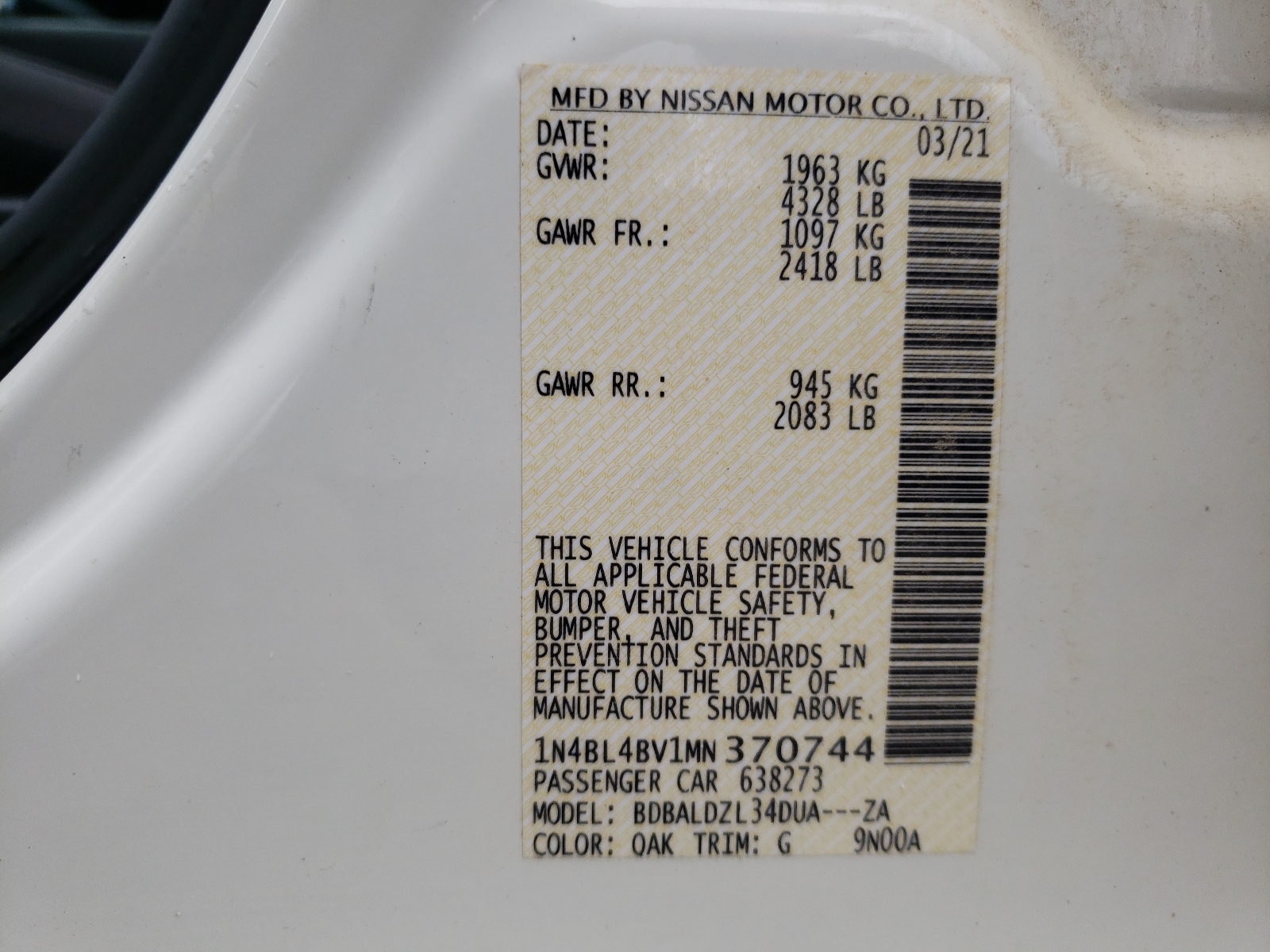 Photo 10 from auction – 2021 NISSAN ALTIMA S with VIN 1N4BL4BV1MN370744
