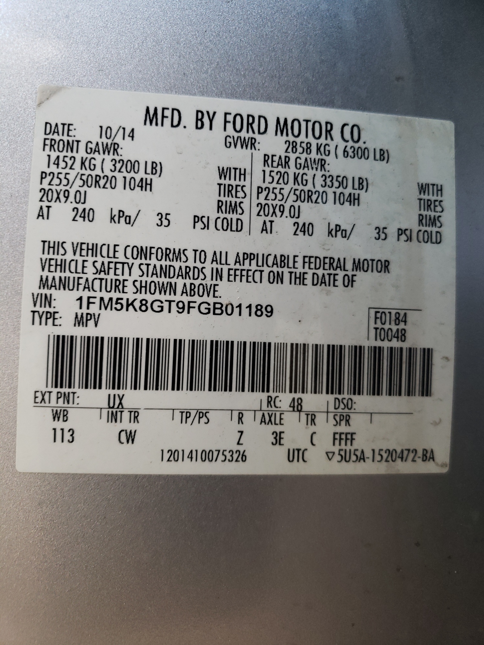 Photo 10 from auction – 2015 FORD EXPLORER S with VIN 1FM5K8GT9FGB01189