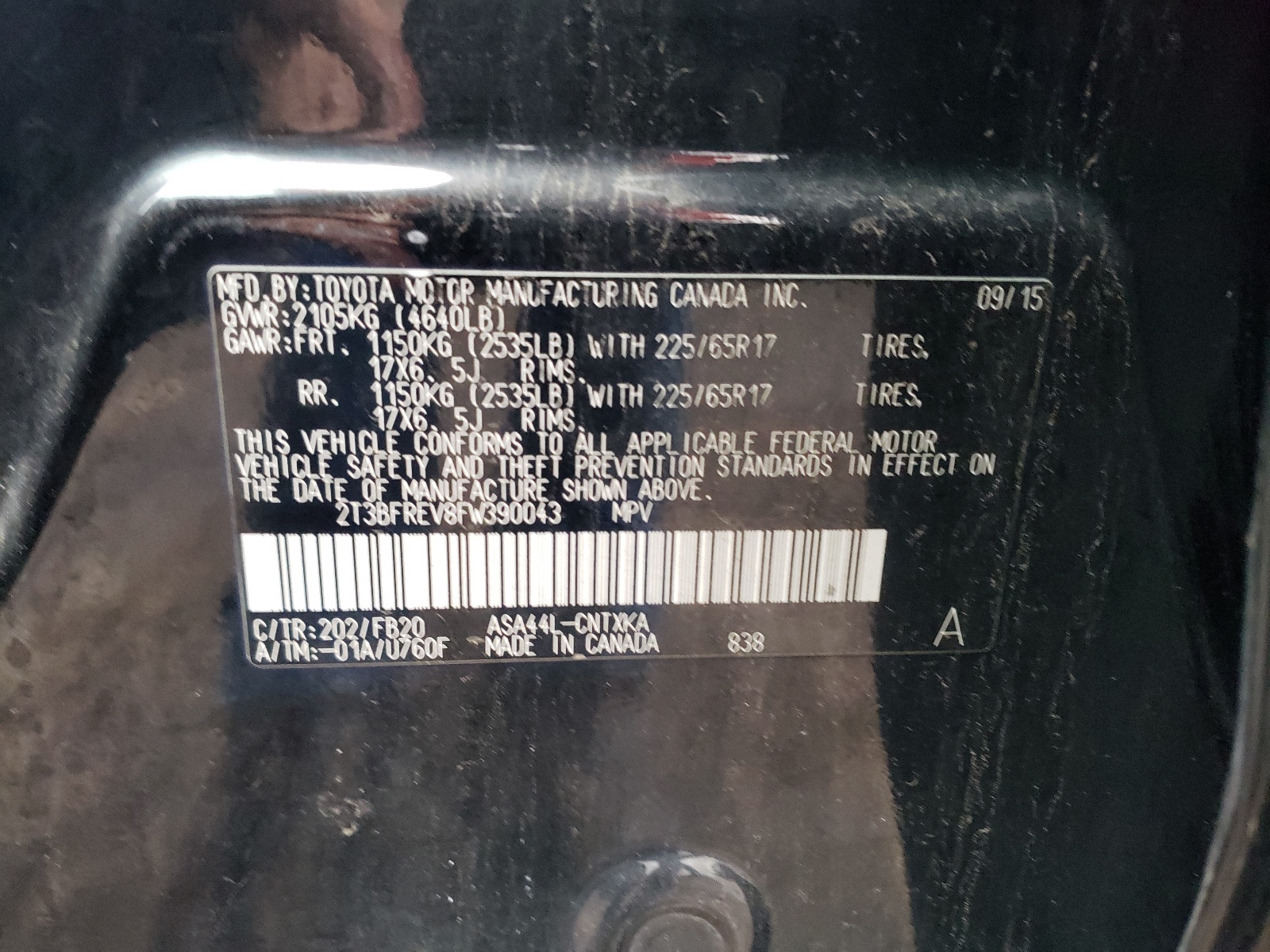Photo 10 from auction – 2015 TOYOTA RAV4 LE with VIN 2T3BFREV8FW390043