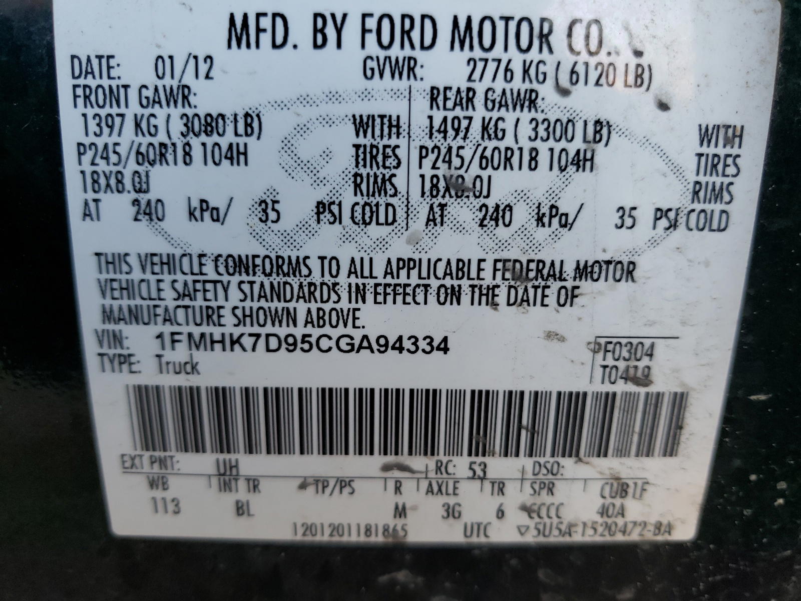 Photo 10 from auction – 2012 FORD EXPLORER X with VIN 1FMHK7D95CGA94334