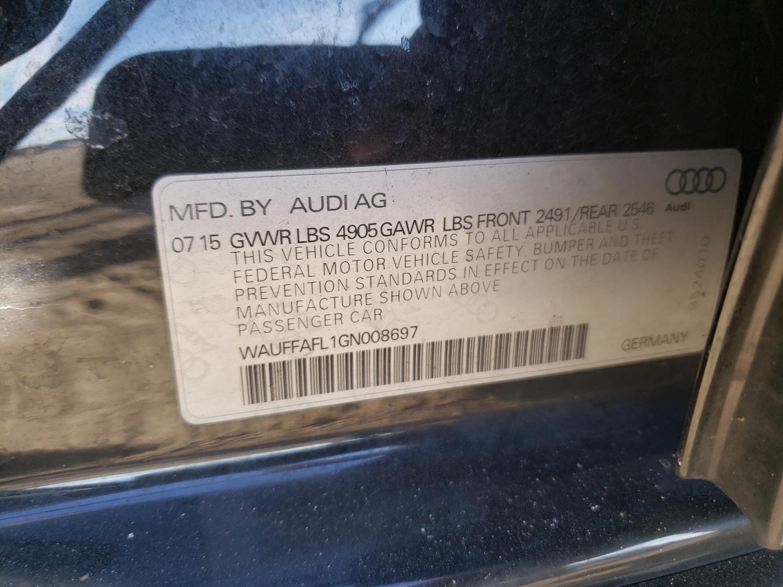 Photo 10 from auction – 2016 AUDI A4 PREMIUM with VIN WAUFFAFL1GN008697