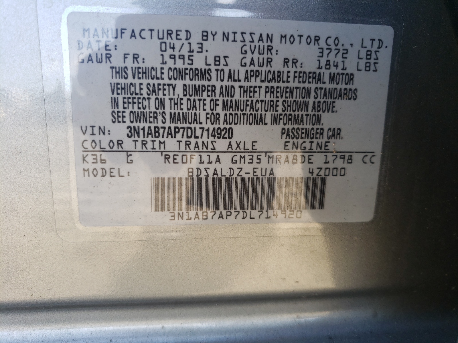 Photo 10 from auction – 2013 NISSAN SENTRA S with VIN 3N1AB7AP7DL714920