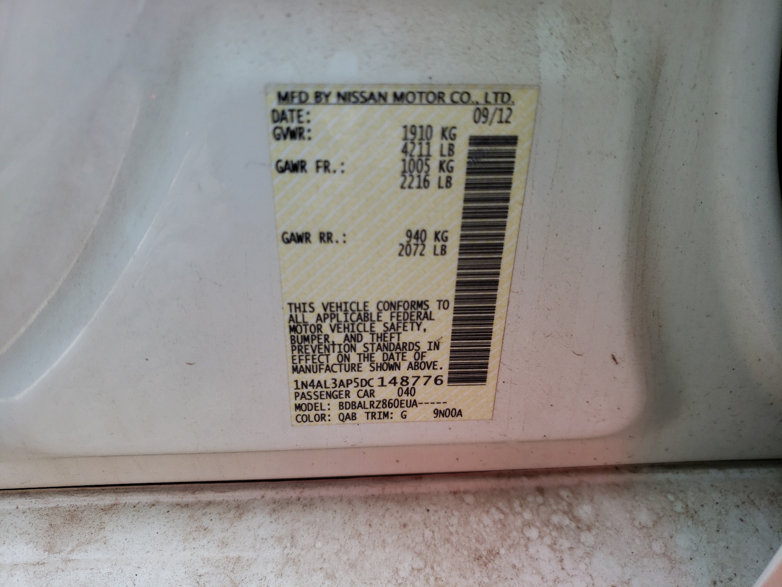 Photo 10 from auction – 2013 NISSAN ALTIMA 2.5 with VIN 1N4AL3AP5DC148776