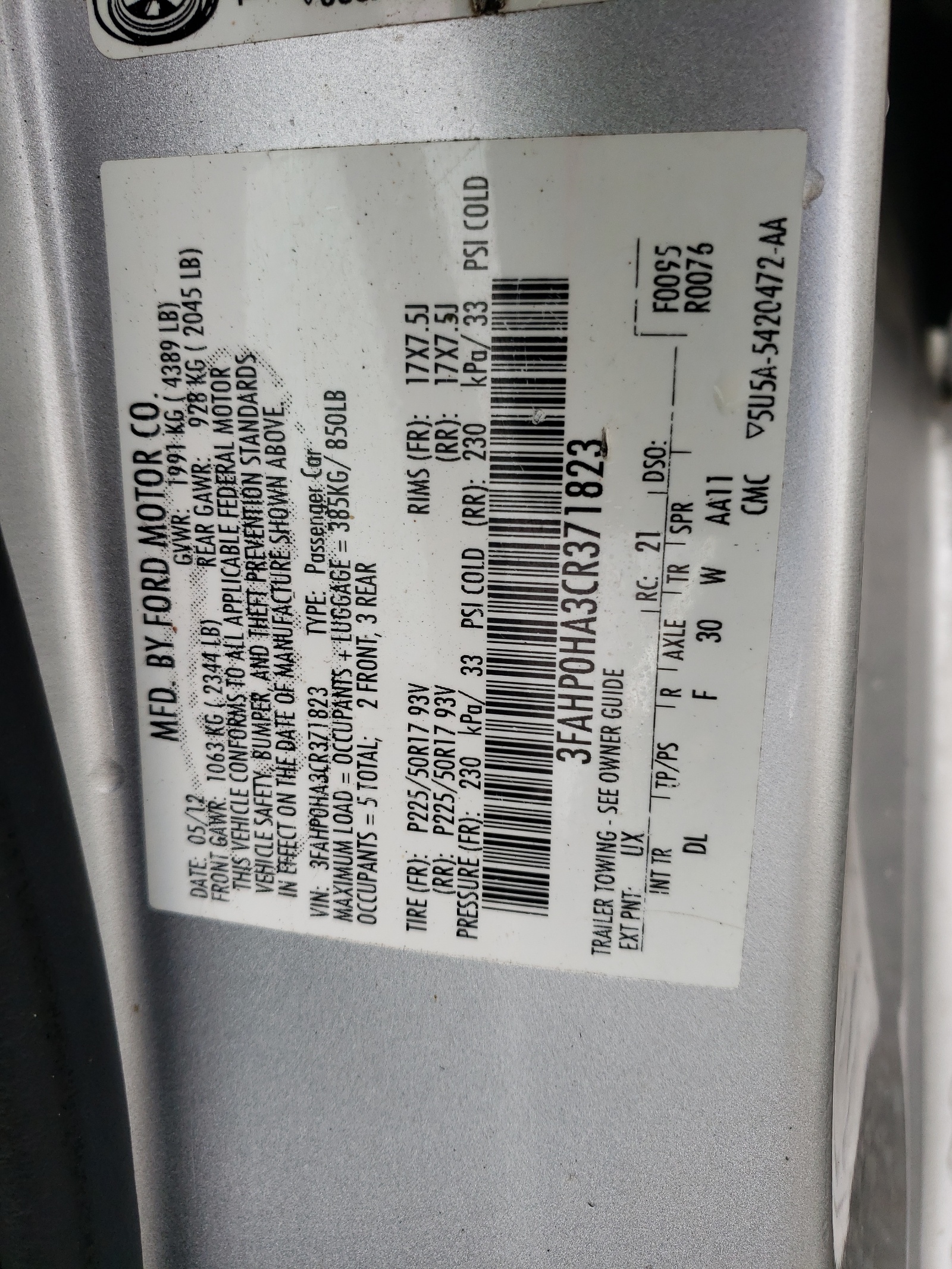 Photo 10 from auction – 2012 FORD FUSION SE with VIN 3FAHP0HA3CR371823