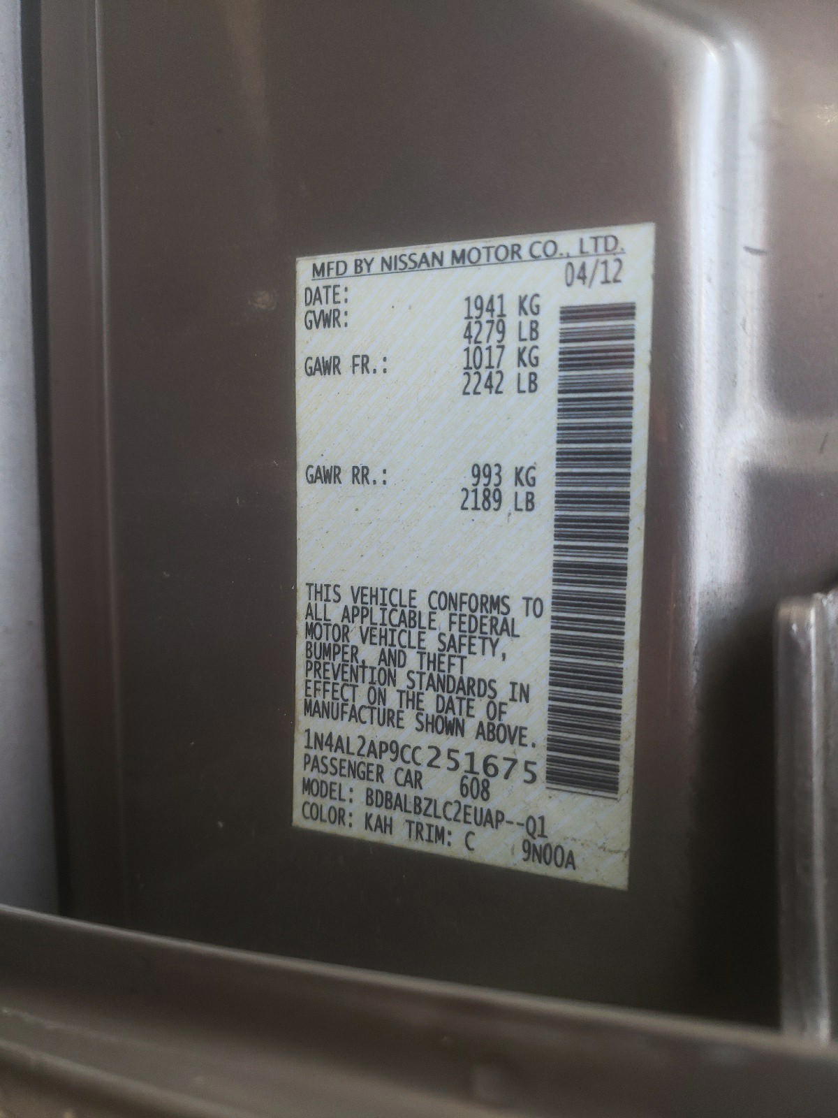 Photo 10 from auction – 2012 NISSAN ALTIMA with VIN 1N4AL2AP9CC251675