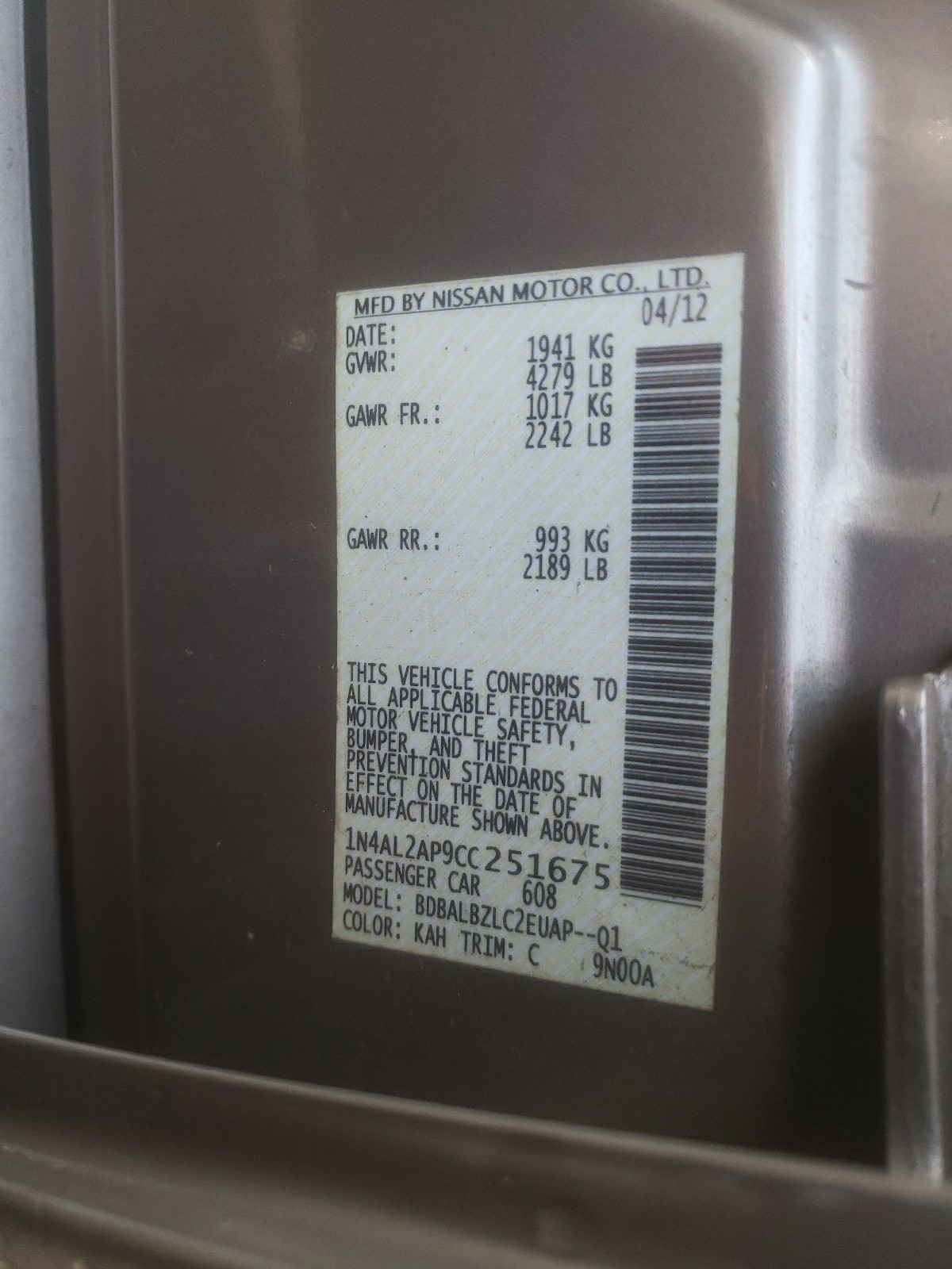 Foto 10 de la subasta – 2012 NISSAN ALTIMA con VIN 1N4AL2AP9CC251675