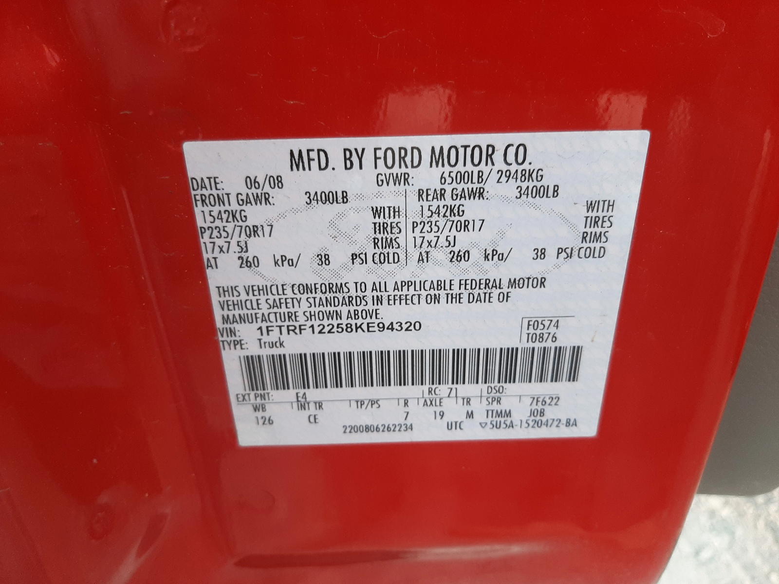 Photo 10 from auction – 2008 FORD F150 with VIN 1FTRF12258KE94320