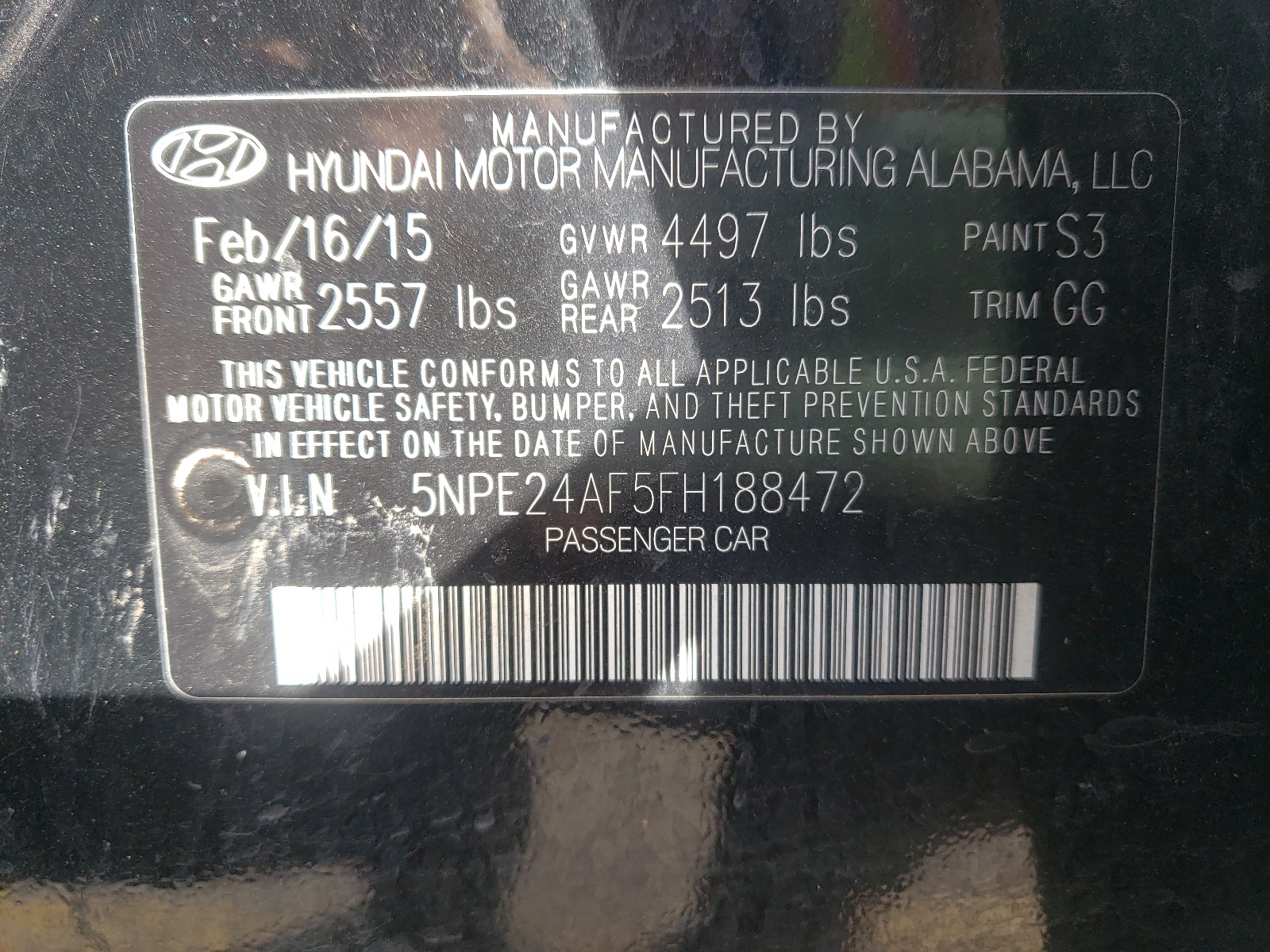 Photo 10 from auction – 2015 HYUNDAI SONATA SE with VIN 5NPE24AF5FH188472
