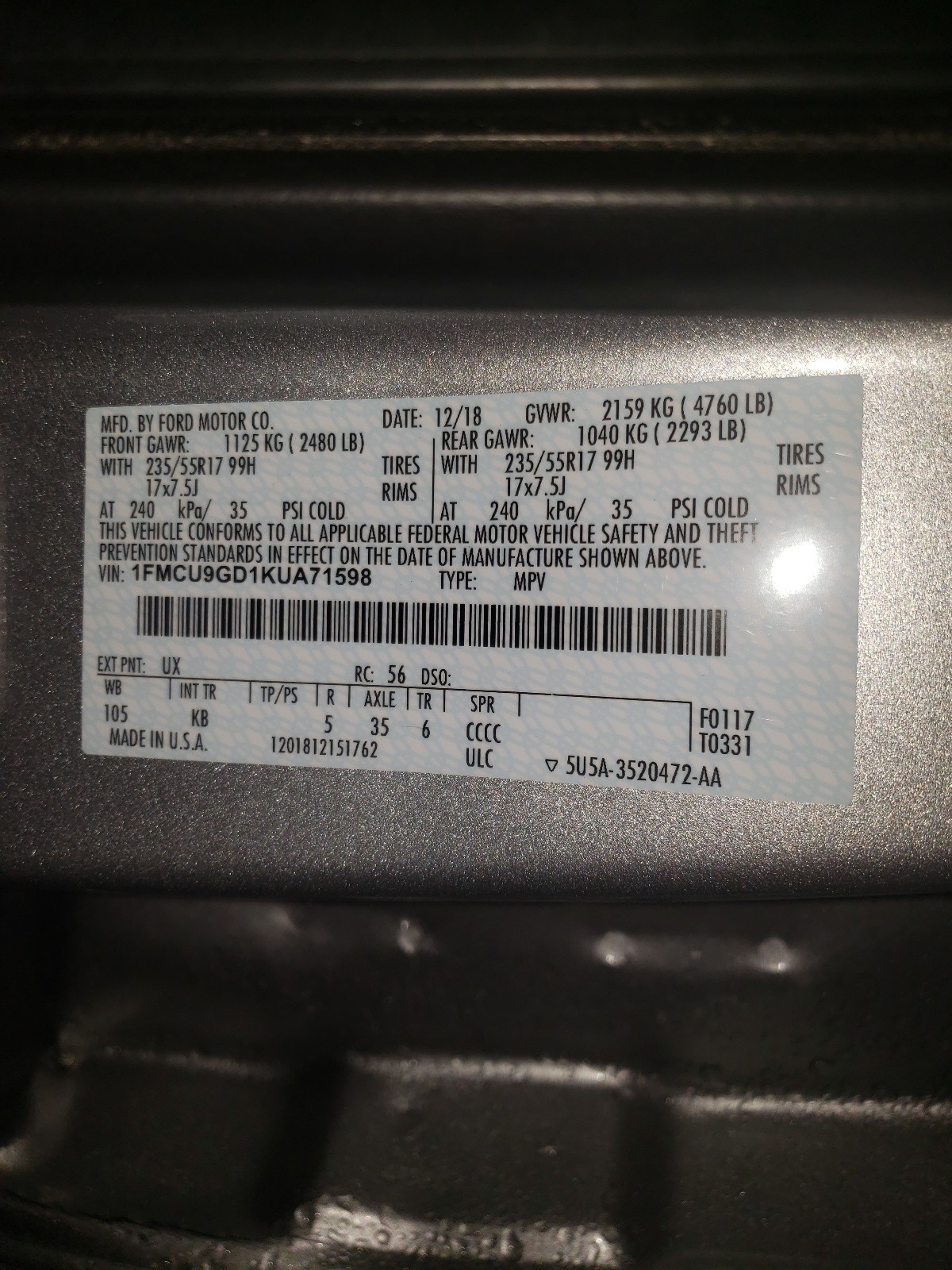 Photo 10 from auction – 2019 FORD ESCAPE SE with VIN 1FMCU9GD1KUA71598