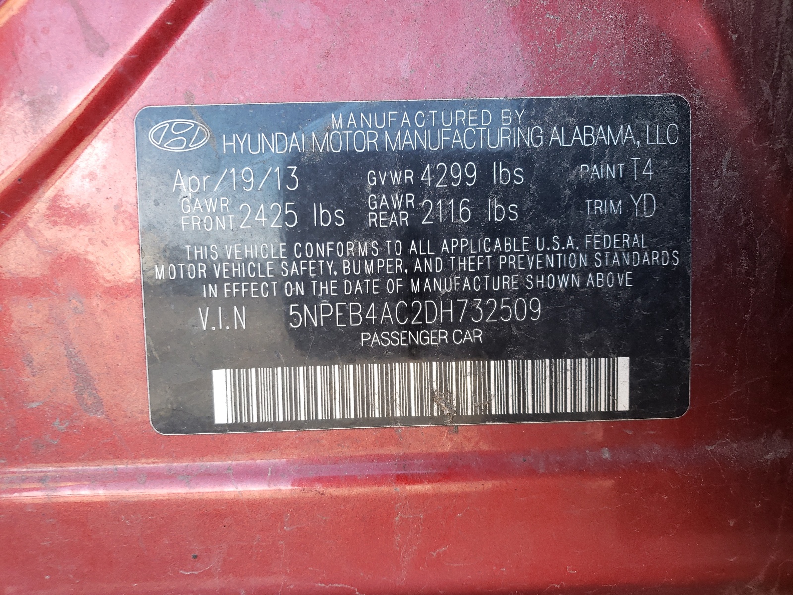 Photo 10 from auction – 2013 HYUNDAI SONATA GLS with VIN 5NPEB4AC2DH732509