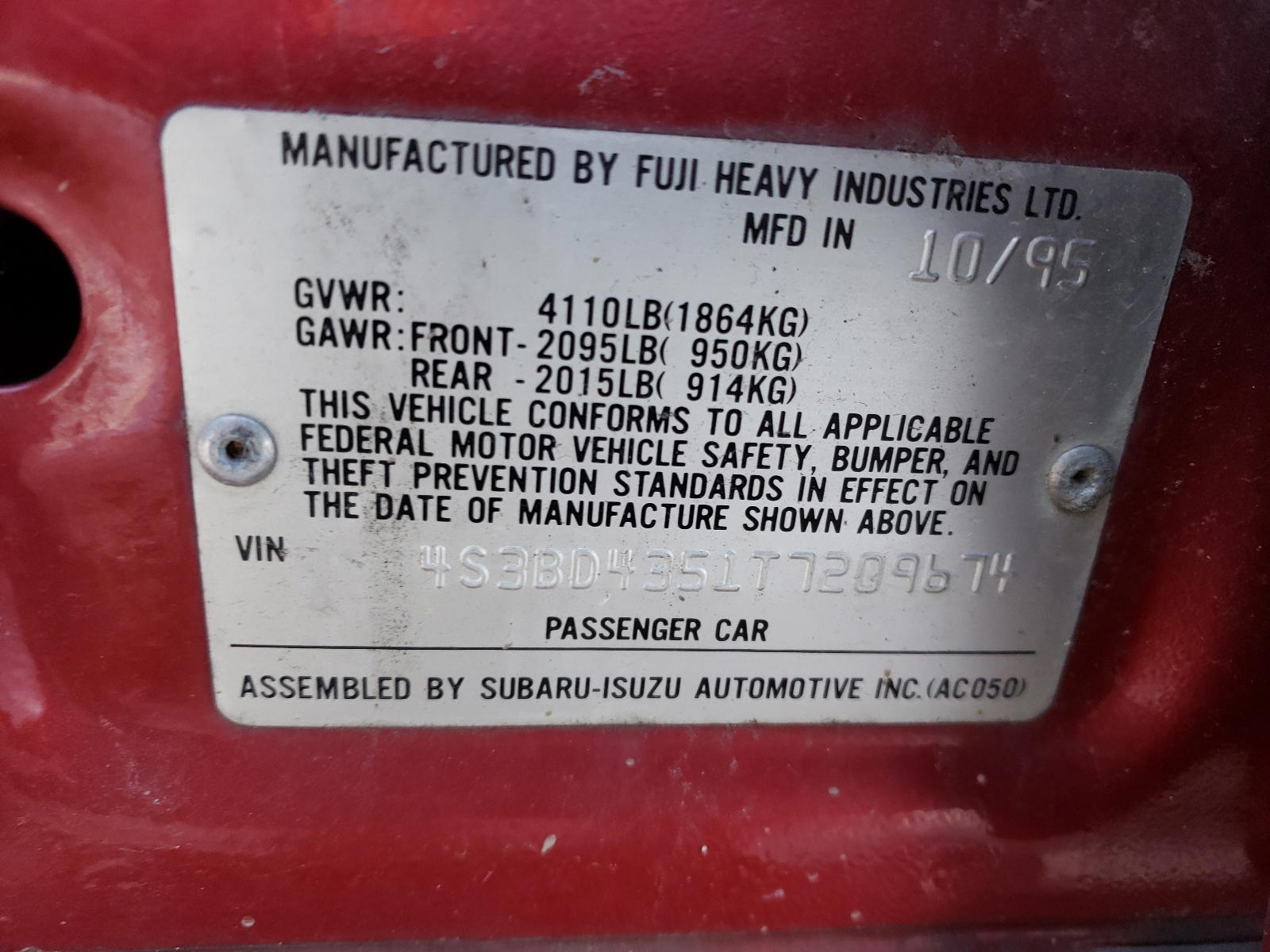 Photo 10 from auction – 1996 SUBARU LEGACY with VIN 4S3BD4351T7209674