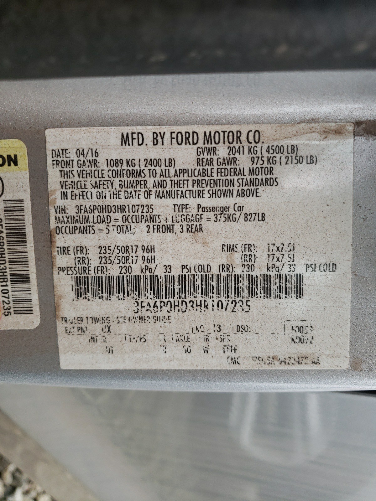 Photo 10 from auction – 2017 FORD FUSION SE with VIN 3FA6P0HD3HR107235