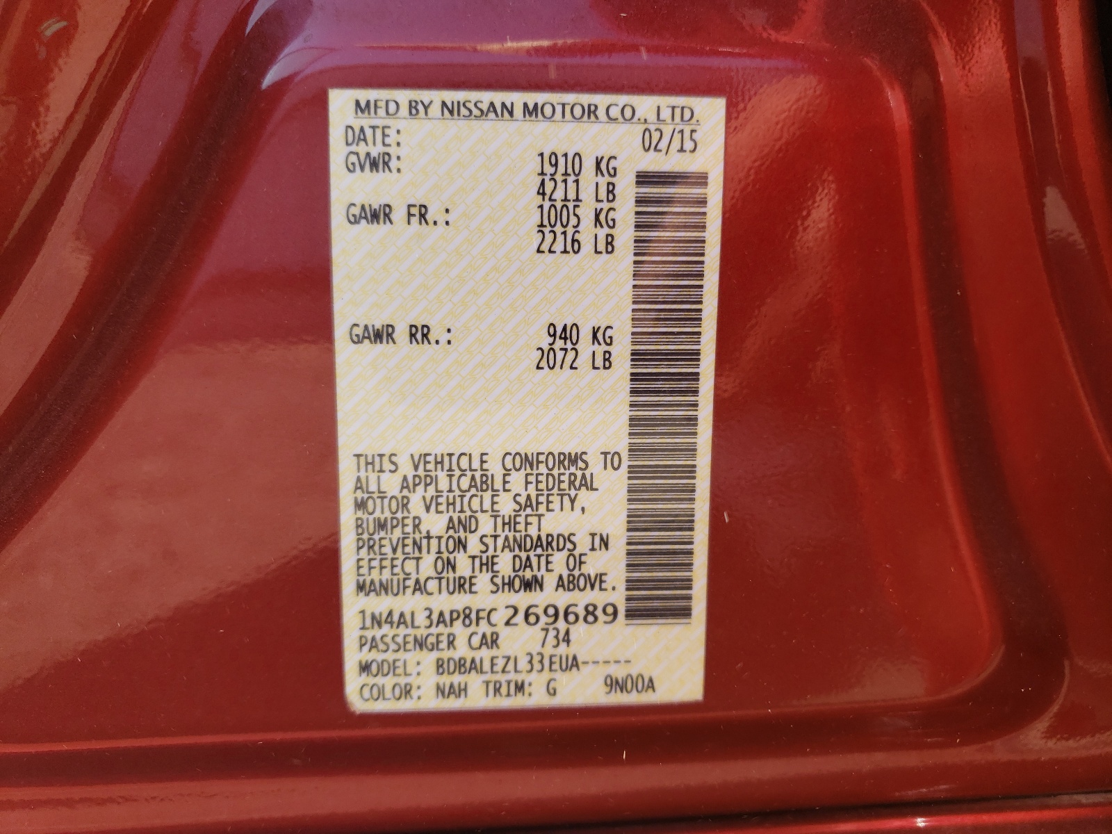 Photo 10 from auction – 2015 NISSAN ALTIMA 2.5 with VIN 1N4AL3AP8FC269689