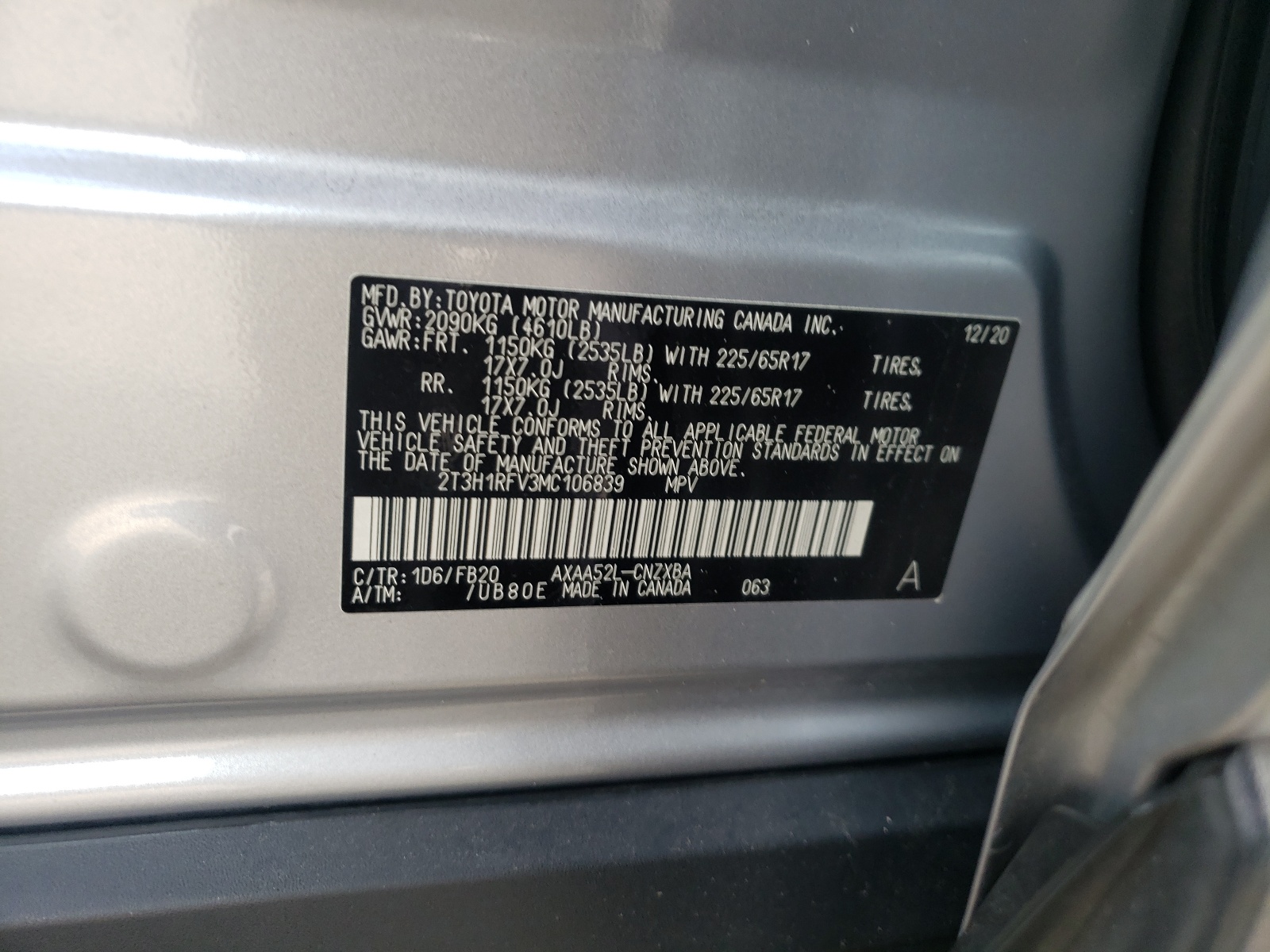 Photo 10 from auction – 2021 TOYOTA RAV4 LE with VIN 2T3H1RFV3MC106839