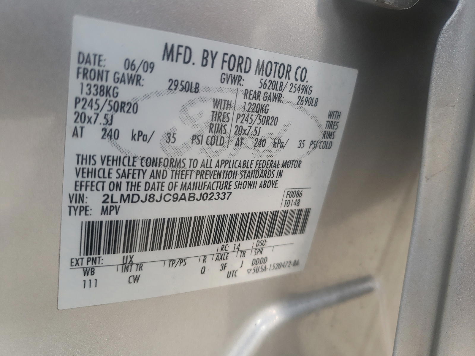Photo 10 from auction – 2010 LINCOLN MKX with VIN 2LMDJ8JC9ABJ02337