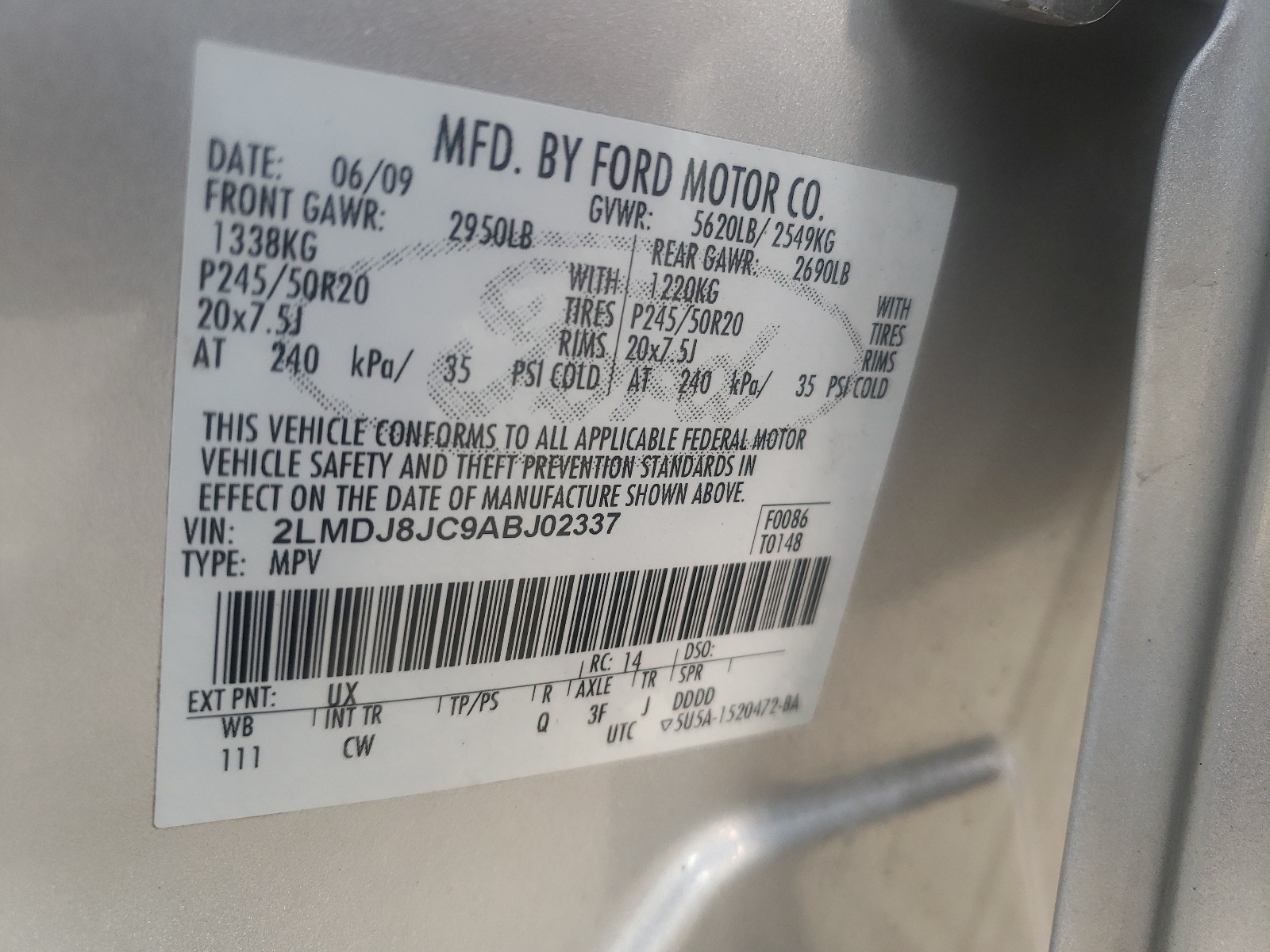 Zdjęcie 10 z aukcji – 2010 LINCOLN MKX z VIN 2LMDJ8JC9ABJ02337