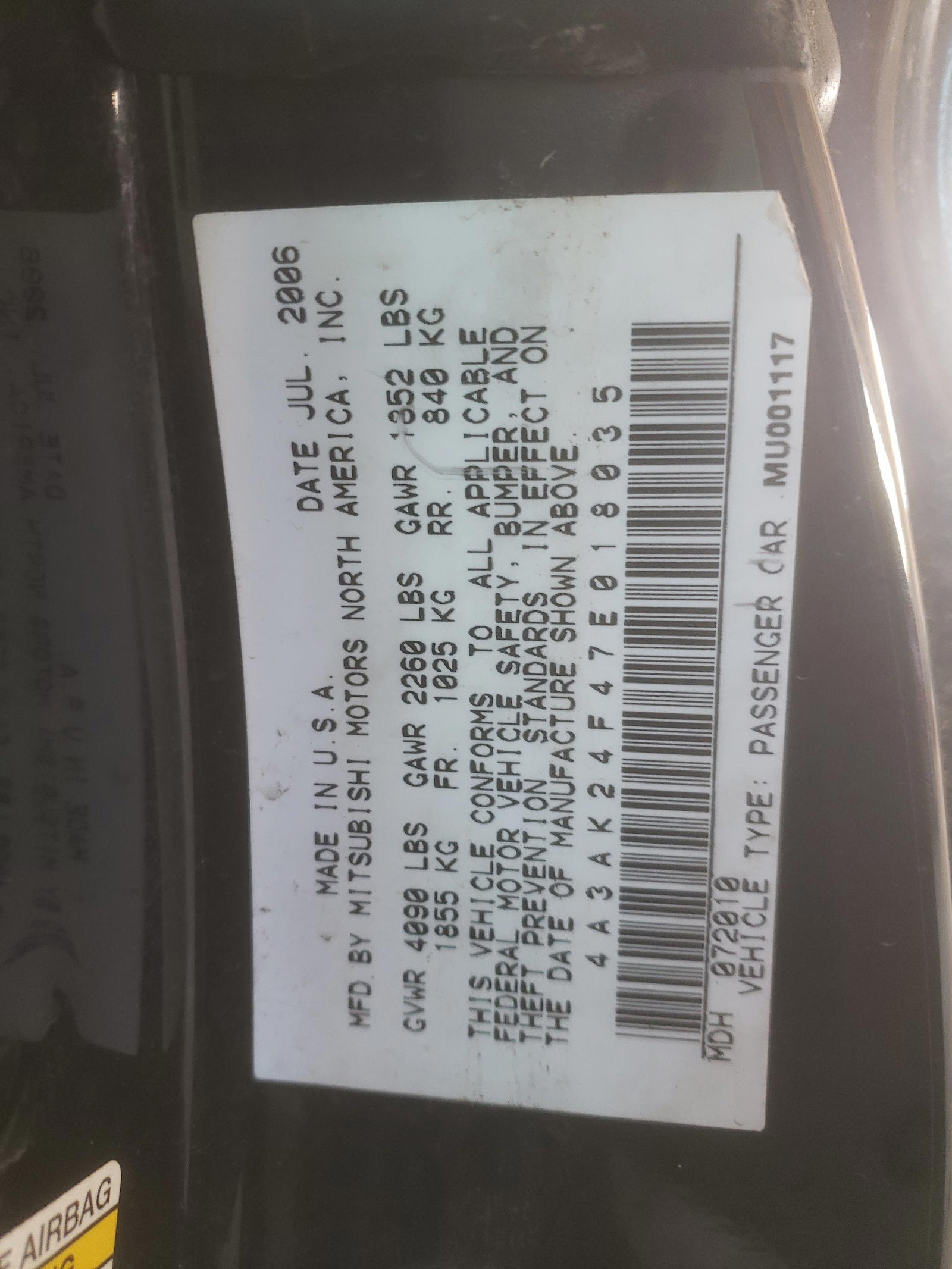 Photo 10 from auction – 2007 MITSUBISHI ECLIPSE GS with VIN 4A3AK24F47E018035