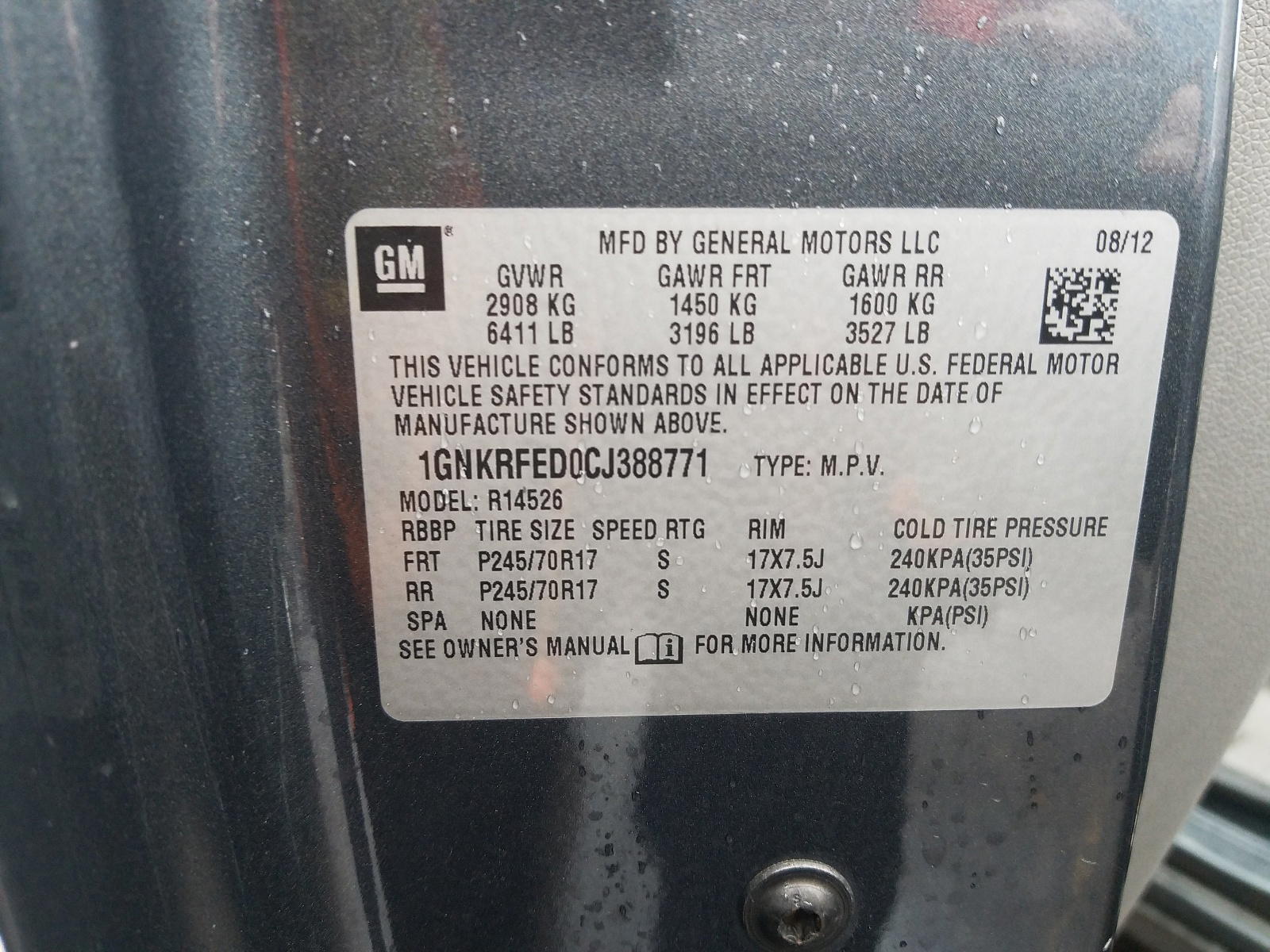 Photo 10 from auction – 2012 CHEVROLET TRAVERSE L with VIN 1GNKRFED0CJ388771