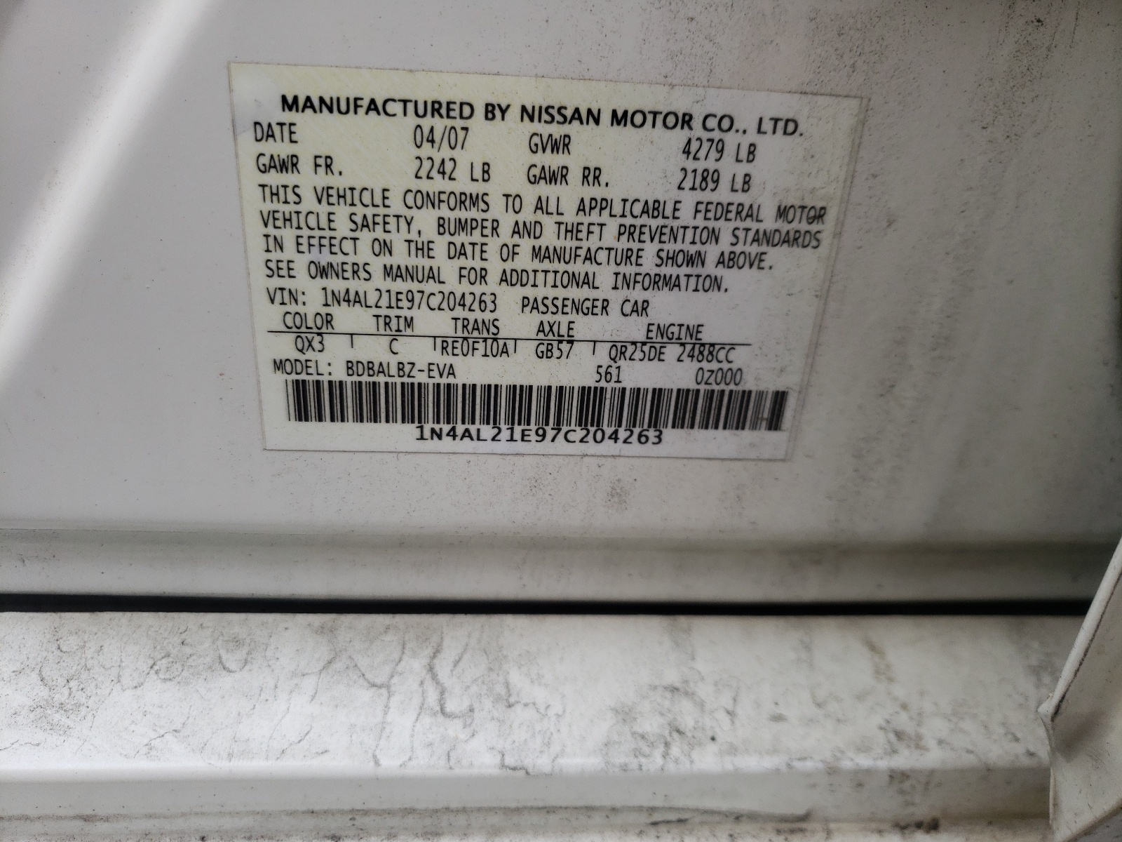 Photo 10 from auction – 2007 NISSAN ALTIMA 2.5 with VIN 1N4AL21E97C204263