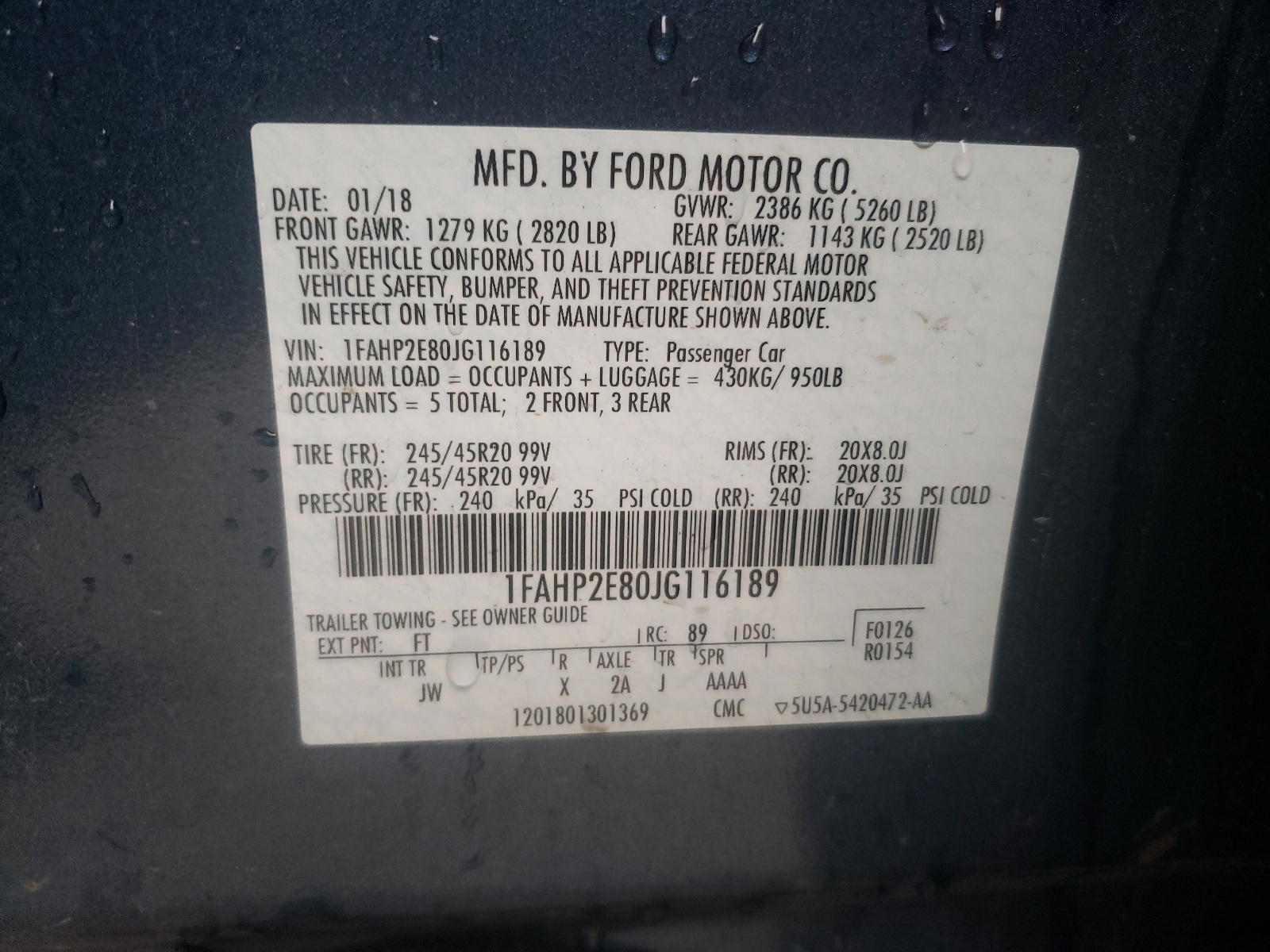 Photo 10 from auction – 2018 FORD TAURUS SEL with VIN 1FAHP2E80JG116189