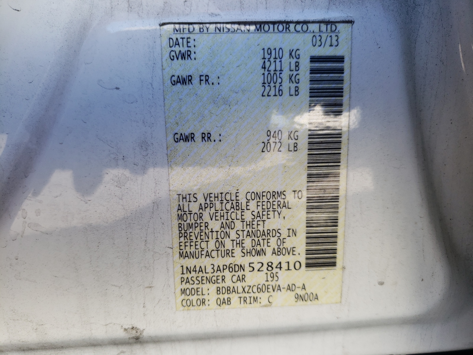 Photo 10 from auction – 2013 NISSAN ALTIMA 2.5 with VIN 1N4AL3AP6DN528410