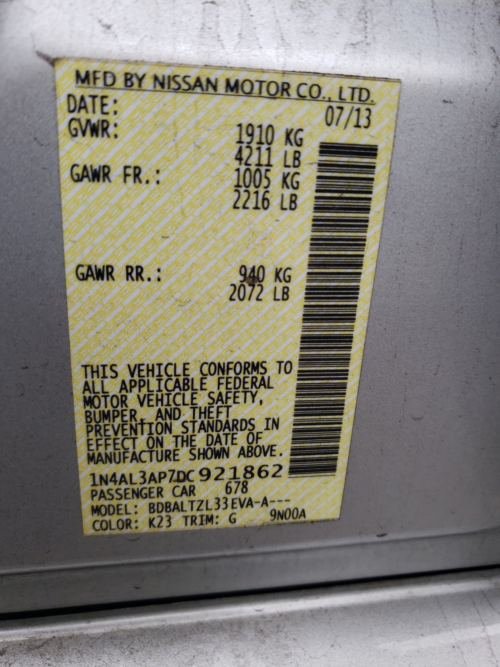 Photo 10 from auction – 2013 NISSAN ALTIMA 2.5 with VIN 1N4AL3AP7DC921862