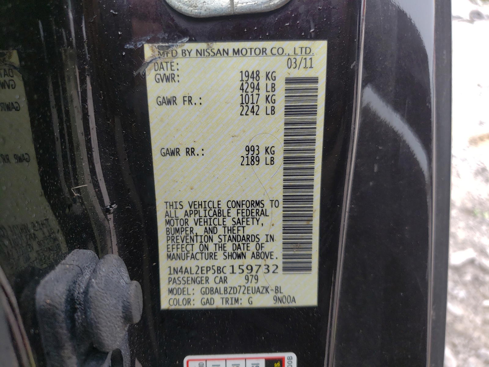 Photo 10 from auction – 2011 NISSAN ALTIMA S with VIN 1N4AL2EP5BC159732
